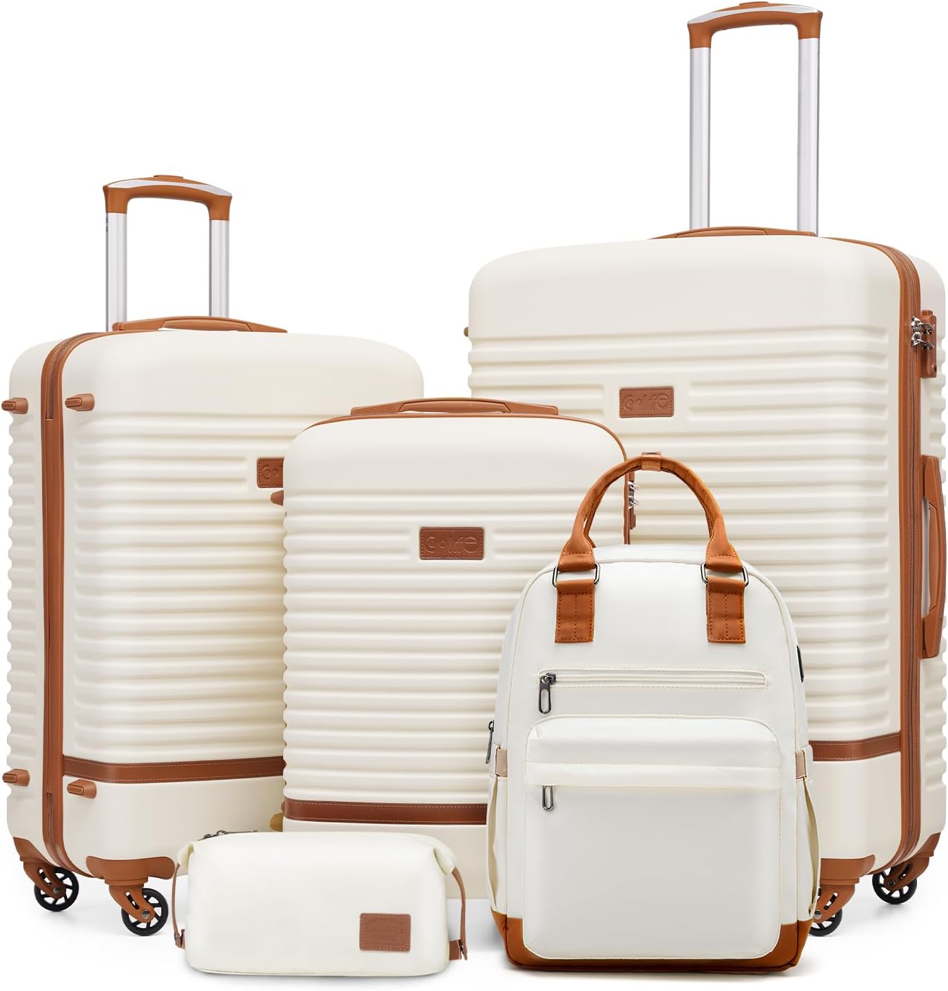 COOLIFE Suitcase Set, 5 Piece Luggage Sets with Travel Backpack and Toiletry Bag, TSA Lock Spinner Wheels (White/Brown, 5 Piece Set)