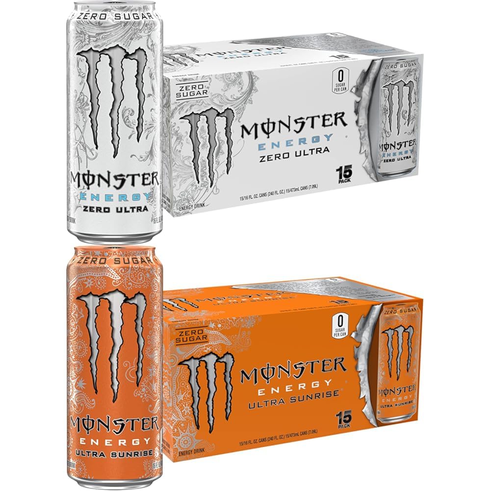 Monster Energy Zero Ultra & Ultra Sunrise Variety Pack, 30 Cans | 15 of Each Flavor, 16oz Cans