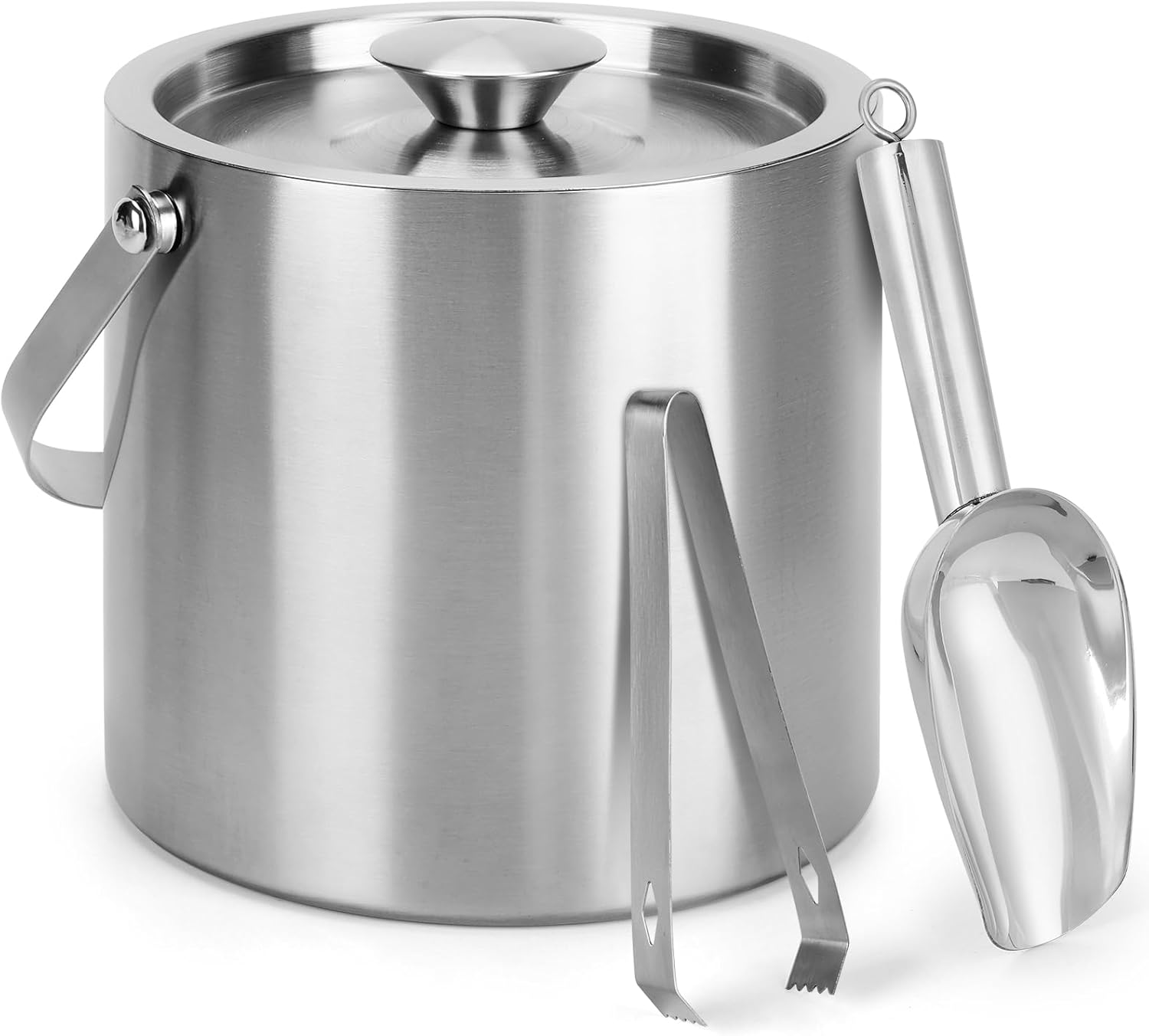 Ice Granule Bucket 3L Double Wall Ice Bucket with Lid,Scoop,Tongs- Inner Layer 304 Stainless Steel Ice Container Keep Ice Frozen Longer- Ideal for Cocktail Bar,Parties,Chilling Beer Win