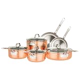 Viking Culinary 3-Ply Stainless Steel Hammered Copper Clad Cookware Set, 10 Piece, Oven Safe, Works on Electronic, Ceramic, and Gas Cooktops