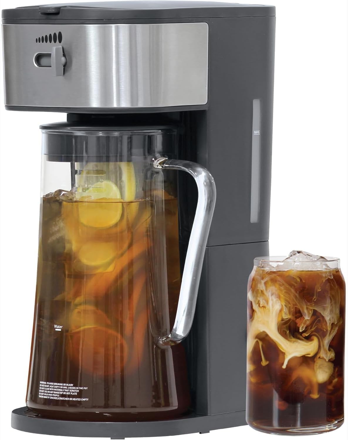 Iced Coffee Tea Maker With Reusable Filter Basket, 3 QT Pitcher, Iced Tea And Coffee Machine, Tea Makers For Iced Tea, Lattes, Lemonade And Flavored Water, Adjustable Brew Strength, Black And Silver