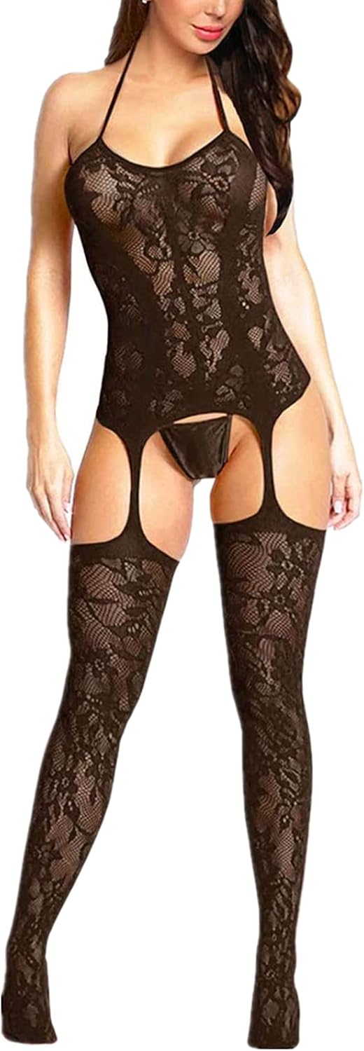 ROSVAJFY Sexy Lingerie for Women Naughty Bodystocking Fishnet Bodysuit Lace Halter Babydoll Chemise Nightwear Hollow Out Stretchy Tights Mini Dress with Suspenders Grarters Red Black