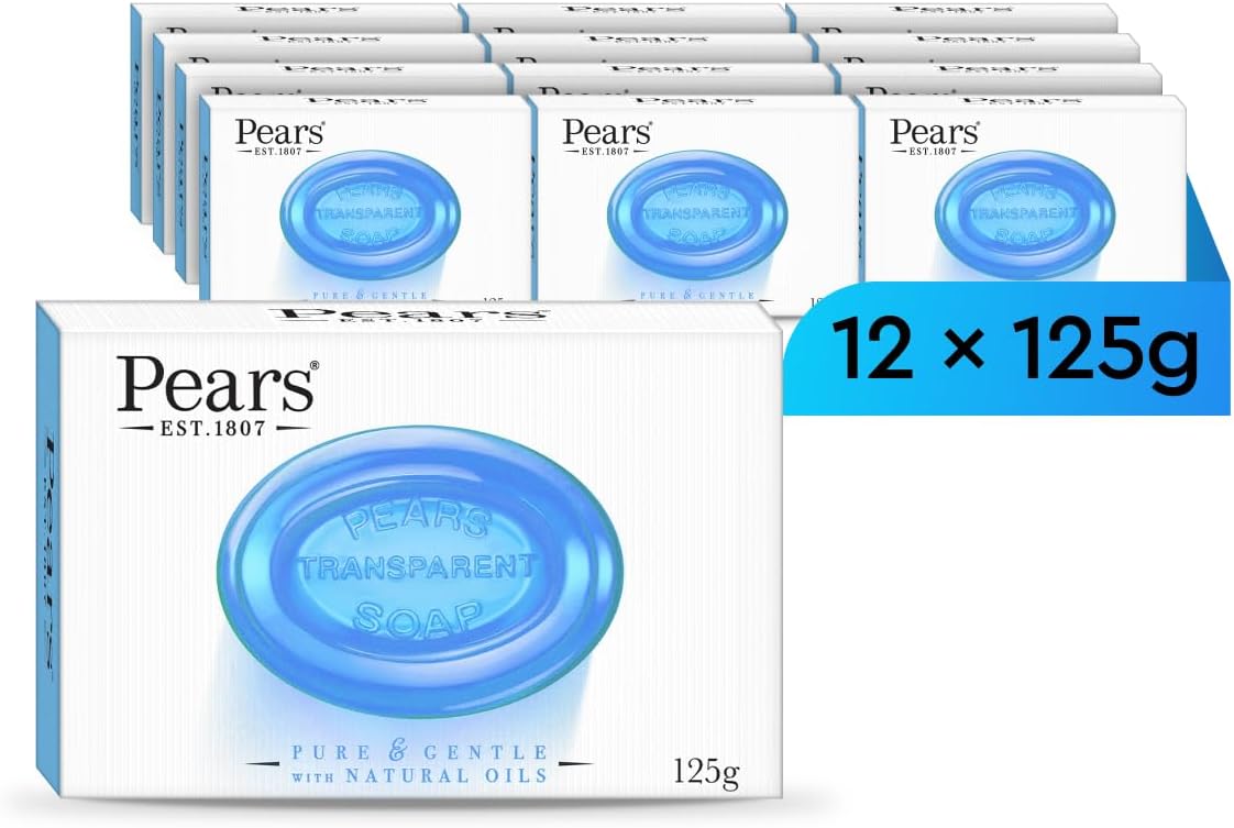 Pears Pure & Gentle Transparent Natural Soap Bar - Made with Mint Extracts, Nourishing and Refreshing Bathing Cleanser, Gentle & Soothing Skin Care, Pure Transparency, Pack of 12 x 125g
