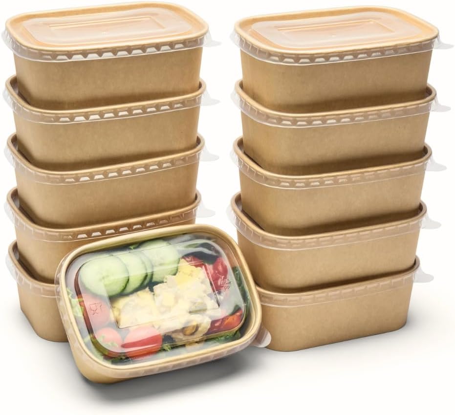 London Coffee Cups 650ml Kraft Food Containers with PP Lids Rectangular Takeaway Box, Kraft Paper Salad Box, Take Out Salad Box, Oil and Water Resistant, for Takeaway, Fitness Lunch, Salad (50)