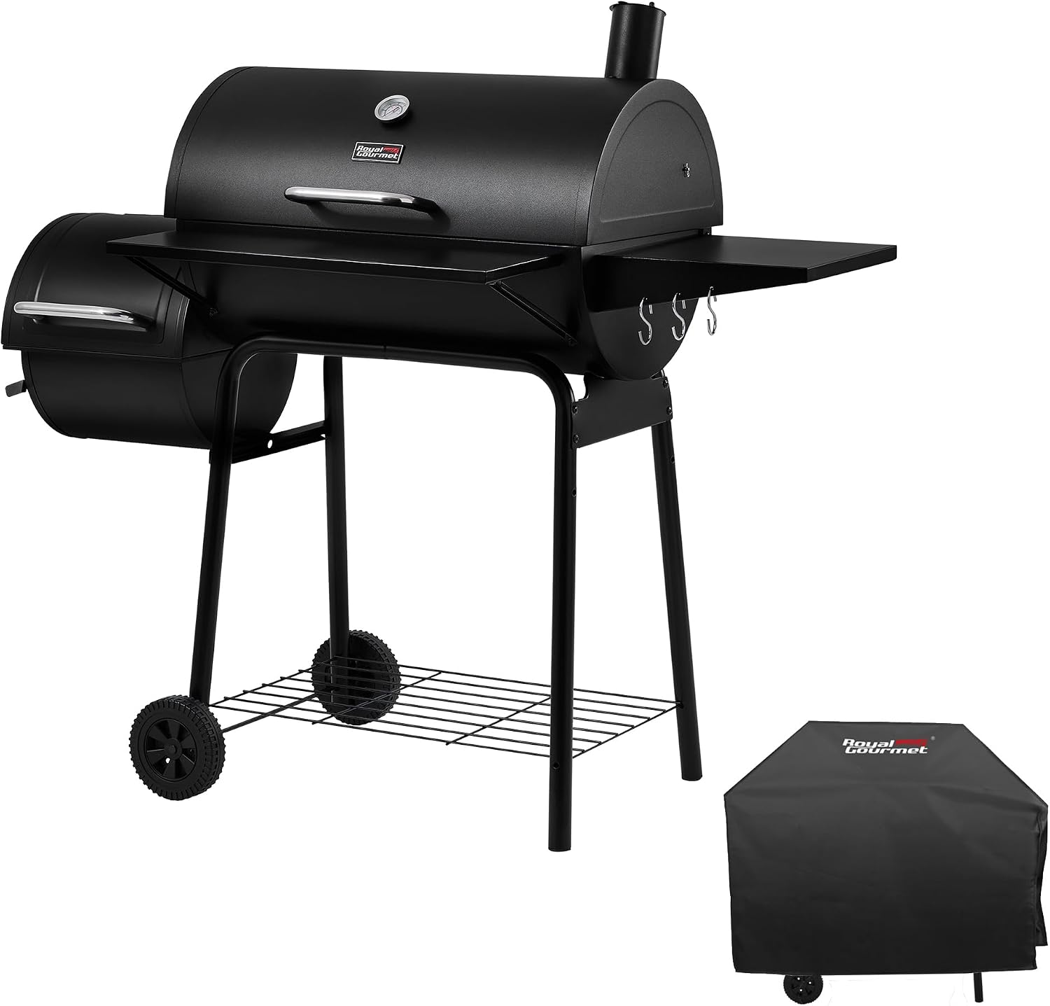 Royal Gourmet CC1830SC Charcoal Grill Offset Smoker with Cover | Barrel Grills, 823 Square Inches, Black, Adjustable Pan, Thermometer Gauge, Perfect for Backyard Cooking, Outdoor Camping