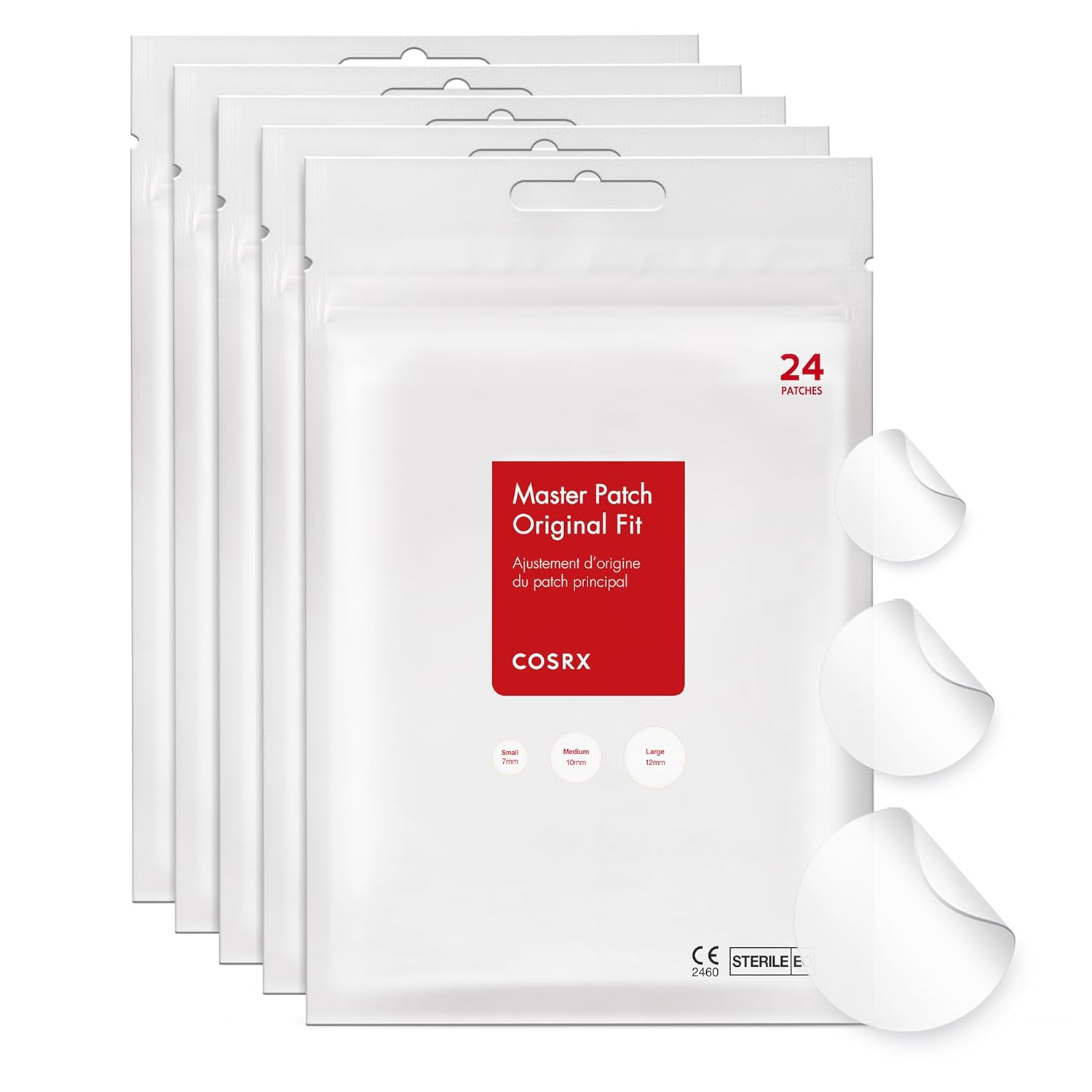 COSRX Acne Pimple Patch Absorbing Hydrocolloid Original 3 Size Patches for Zits Cover, Spot Stickers for Face and Body, Not Tested on Animals, No Toxic Ingredients (120 Count (Pack of 5))