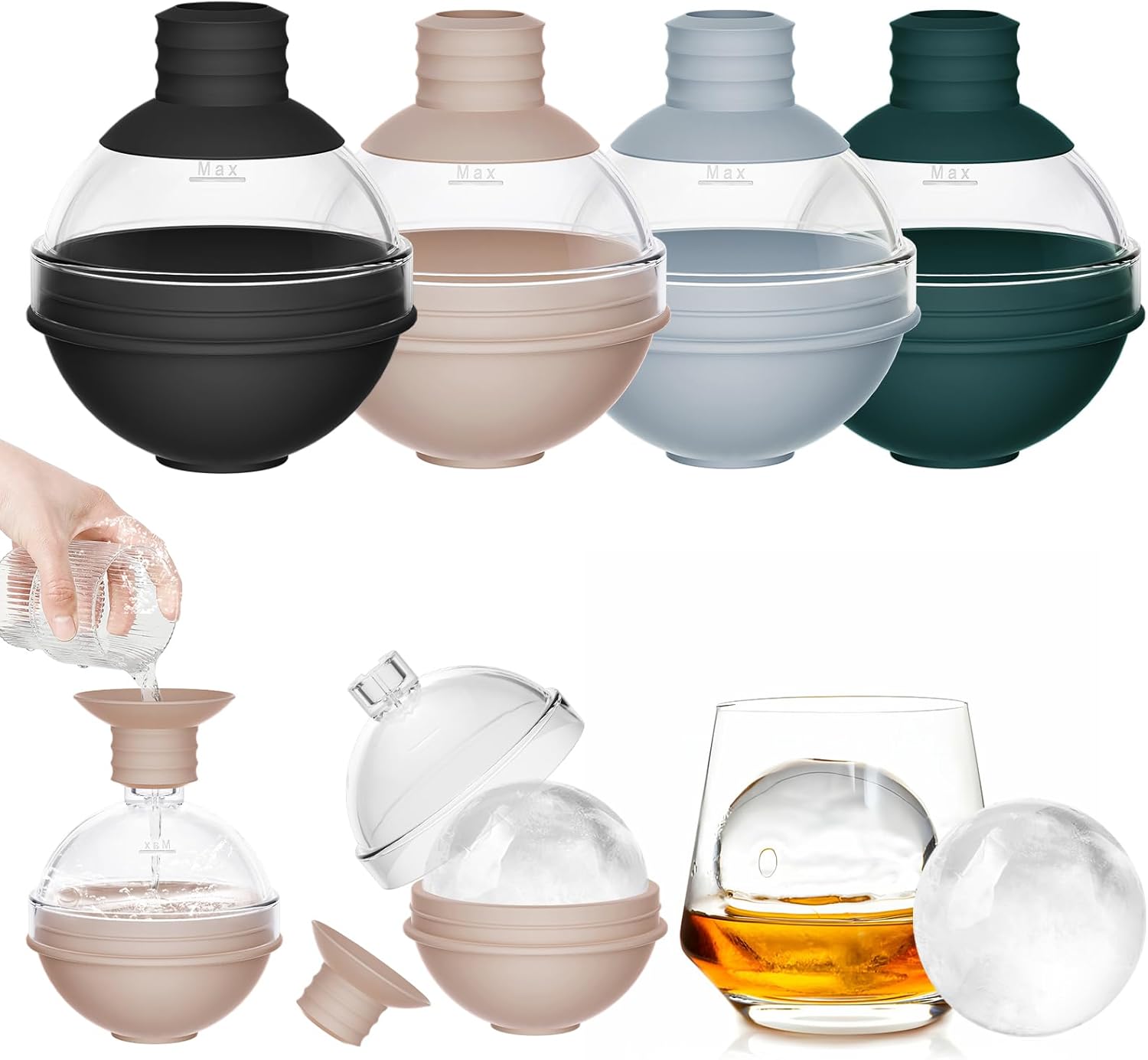 Large Ice Cube Tray Moulds with Funnel Lid - Big Sphere Ice Ball Maker, Silicone Round Ice Molds for Whiskey, Cocktails, Wine, and Drinks (Set of 4) - Reusable Easy-Release Circle Ice Tray