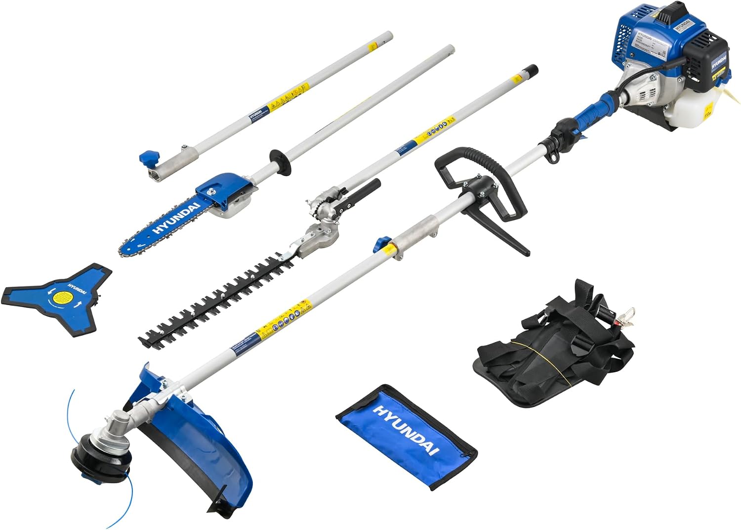 Hyundai 56cc Petrol Multi Tool 5-in-1 – Grass Trimmer, Brushcutter, Hedge Trimmer & Pole Saw Attachments, Split Shaft Design, Harness Included, Heavy Duty Garden System
