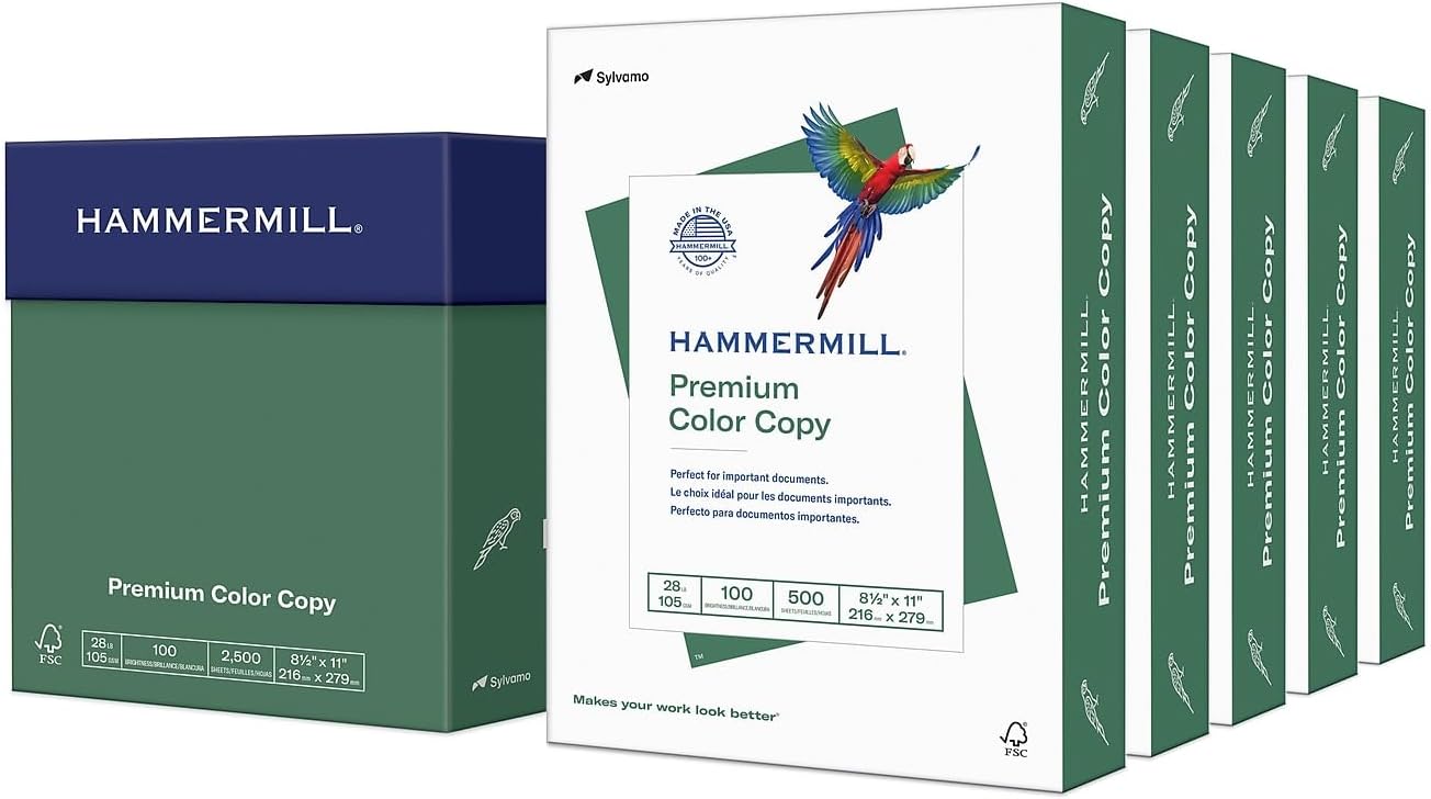 Hammermill Printer Paper, Premium Color 28 lb Copy Paper, 8.5 x 11-5 Ream (2,500 Sheets) - 100 Bright, Made in the USA, 102450C, White