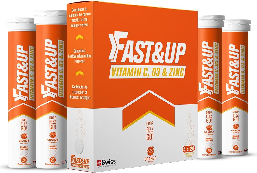 Fast&Up Vitamin C, Vitamin D & Zinc - 80 Effervescent Tablets (4 X 20) - Saver Multipack - Complete Immunity Booster - One Daily - Orange Flavour