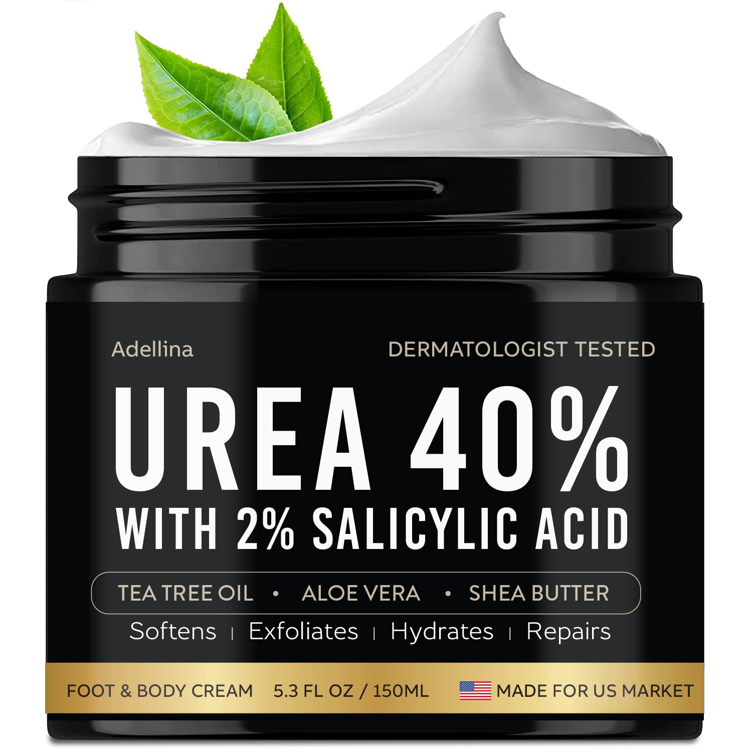 Adellina Urea Cream 40 Percent for Feet Maximum Strength, Urea Foot Cream for Dry Cracked Heels Feet Knees Elbows, 40% Urea Foot Repair Lotion 5.3 OZ