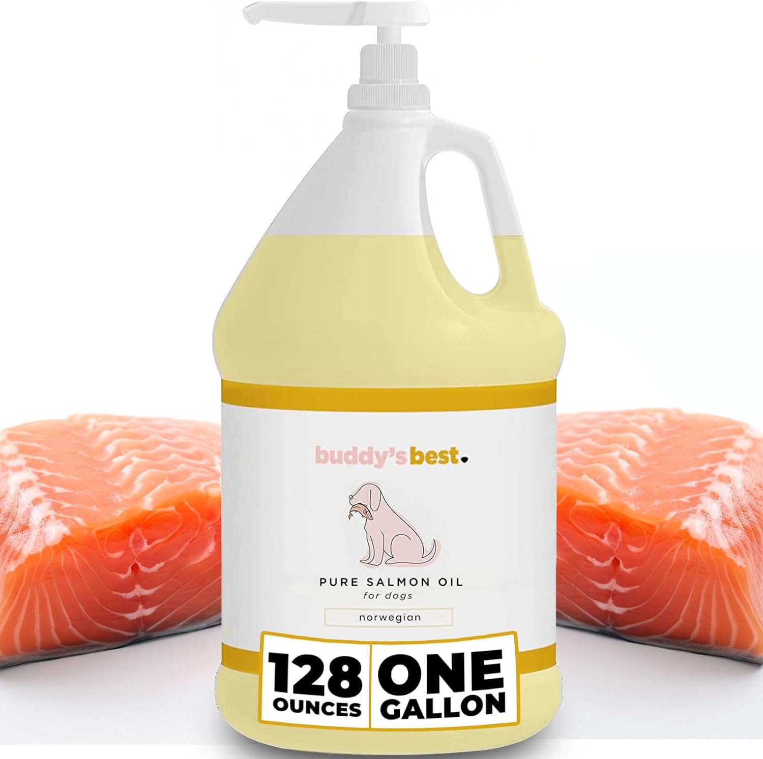 Salmon Oil for Dogs by Buddy’s Best – 1 Gallon (128oz) | 100% Norwegian Fish Oil | Human-Grade & Odorless | Omega 3 Supplement for Coat & Joints