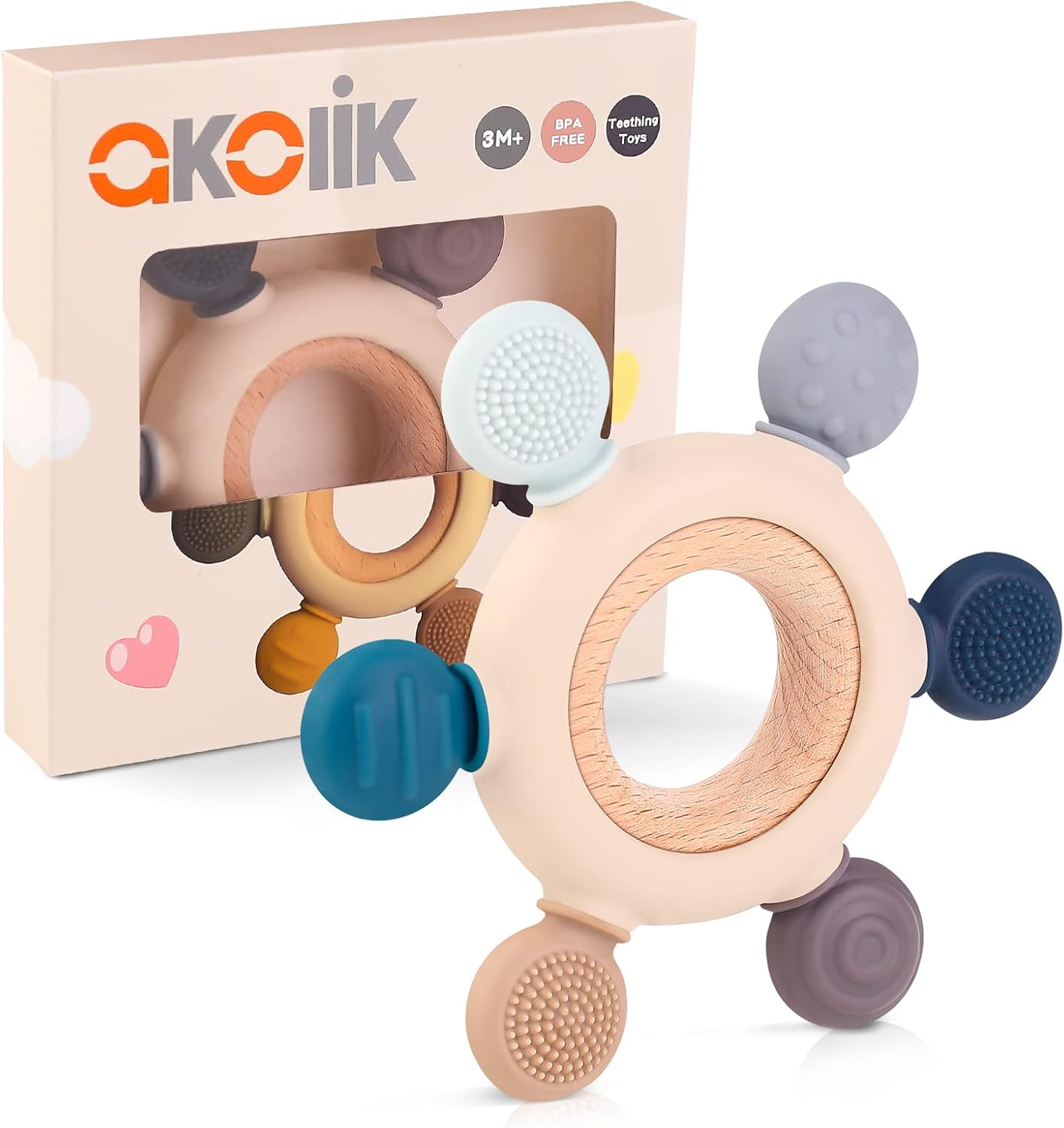 Teething Toys for Baby, Baby teether, Silicone Teething for Babies 0-6 6-12 Months, BPA-Free with Wooden Ring Silicone Chewable Teether