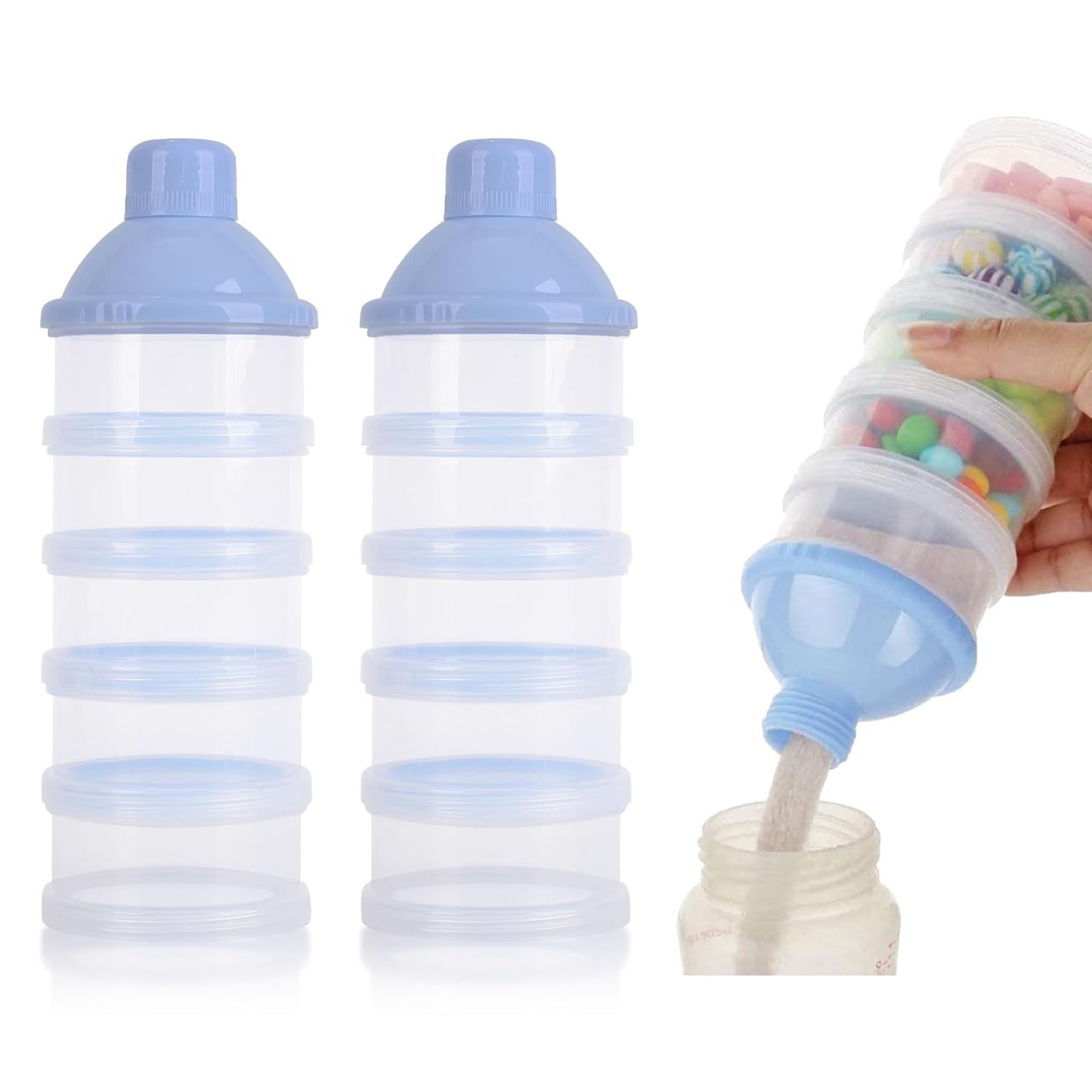 2 PCS 5 Layers Baby Milk Powder Dispenser, Milk Powder Pots, Formula Dispenser Portable Milk Powder Formula Dispenser Container Pot Box Milk Cans Snack Storage Box for Travel (Blue + Blue)