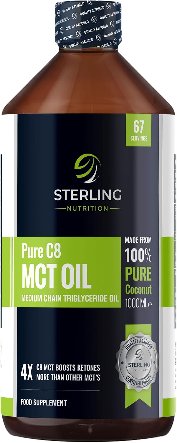 MCT Oil – Pure C8 Caprylic Acid, 1000ml | from 100% Coconut Oil | Suitable for Keto & Fasting | Vegan, Gluten-Free & Lab Tested | STERLING NUTRITION