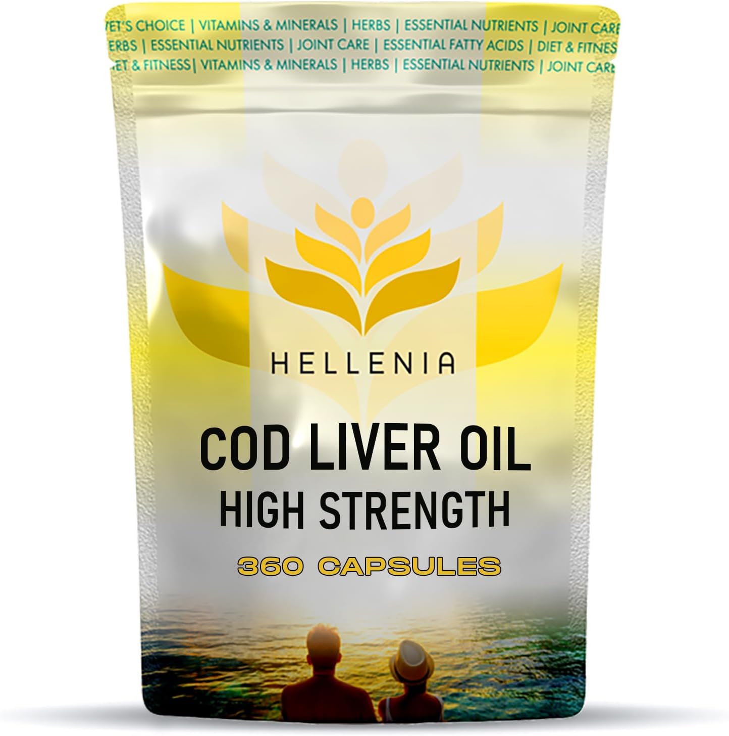 Cod Liver Oil Capsules High Strength 1000mg | 360 Fish Oil Capsules UK Made - 1 Year Supply | Rich Source of Omega 3 Essential Fatty Acids | High EPA DHA | Gluten Free - Made in The UK for Hellenia