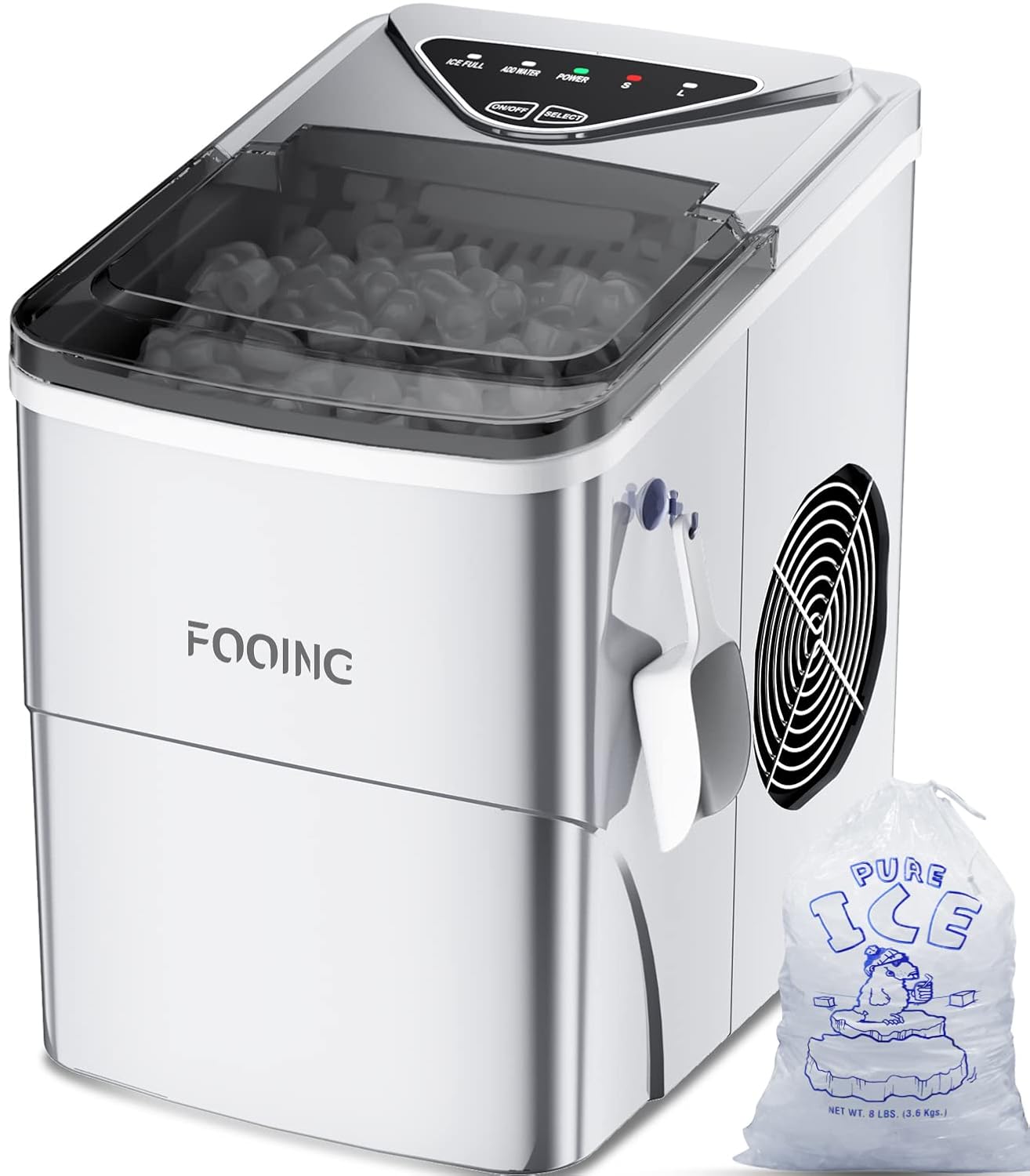 Ice Cube Maker FOOING Ice Machine Maker Worktop Ready in 6 Mins 2L Ice Machine with Ice Scoop and Basket LED Display Ice Makers for Home Bar Kitchen Office