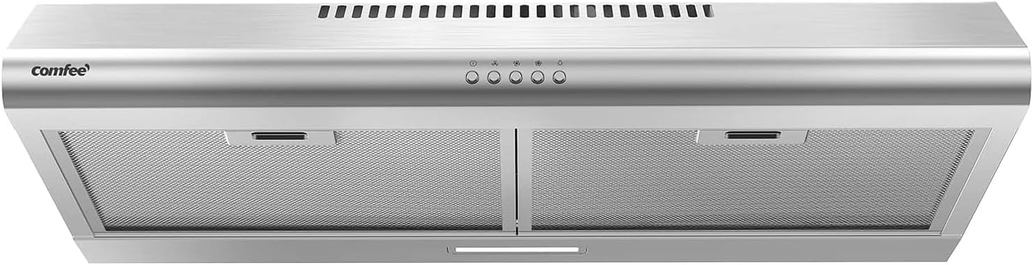 Comfee CVU30W4AST 30 inch Under Cabinet Ducted/Ductless Convertible Slim Vent Durable Stainless Steel Kitchen Reusable Filter, 3 Speed Exhaust Fan and 2 LED Lights Range Hood, 2.0 Version