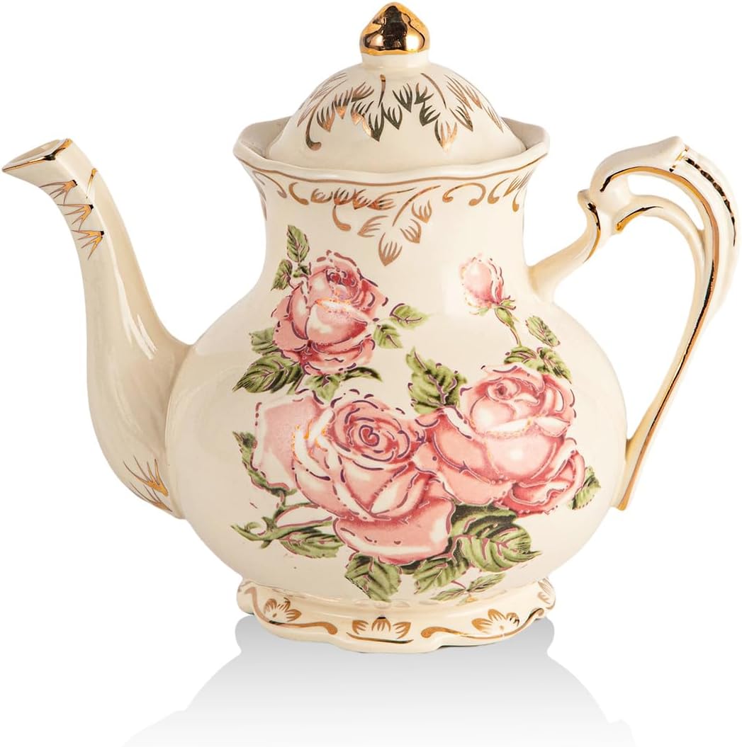YOLIFE Small Pink Rose Teapot, 25 OZ / 2 Cup Vintage Porcelain Tea Pot