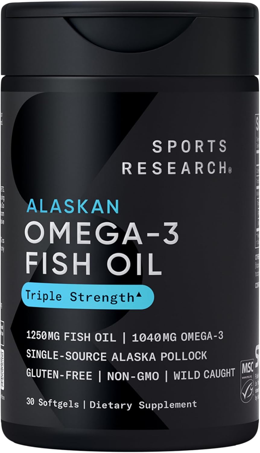Sports Research Triple Strength Omega 3 Fish Oil 1250mg from Wild Alaska Pollock - Burpless Fish Oil Supplement with Omega3s EPA & DHA - Sustainably Sourced, Non-GMO, Gluten Free - 30 Softgels