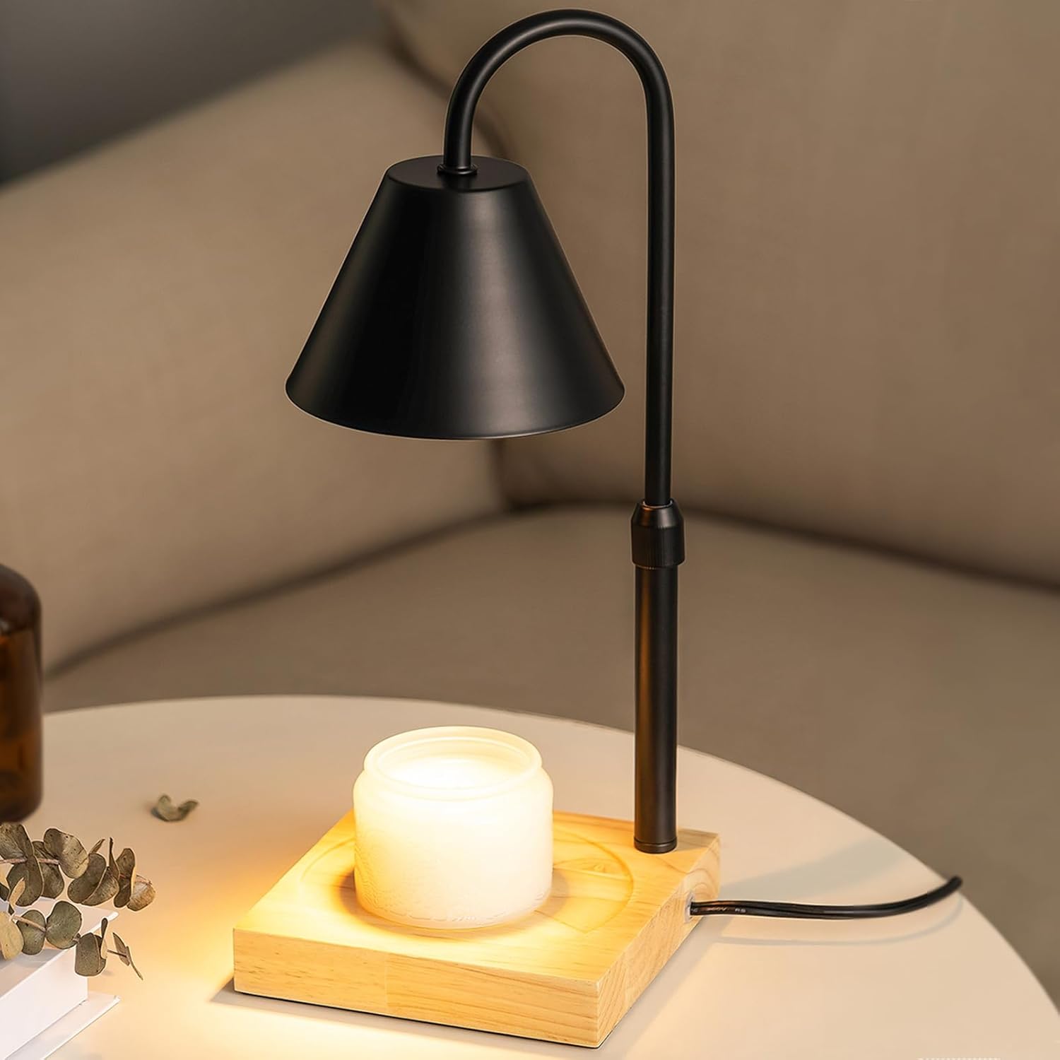 GODONLIF Black Dimmable Candle Warmer Lamp, Adjustable Height, Timer, Wooden Base, for Scented Wax with 2 Bulbs
