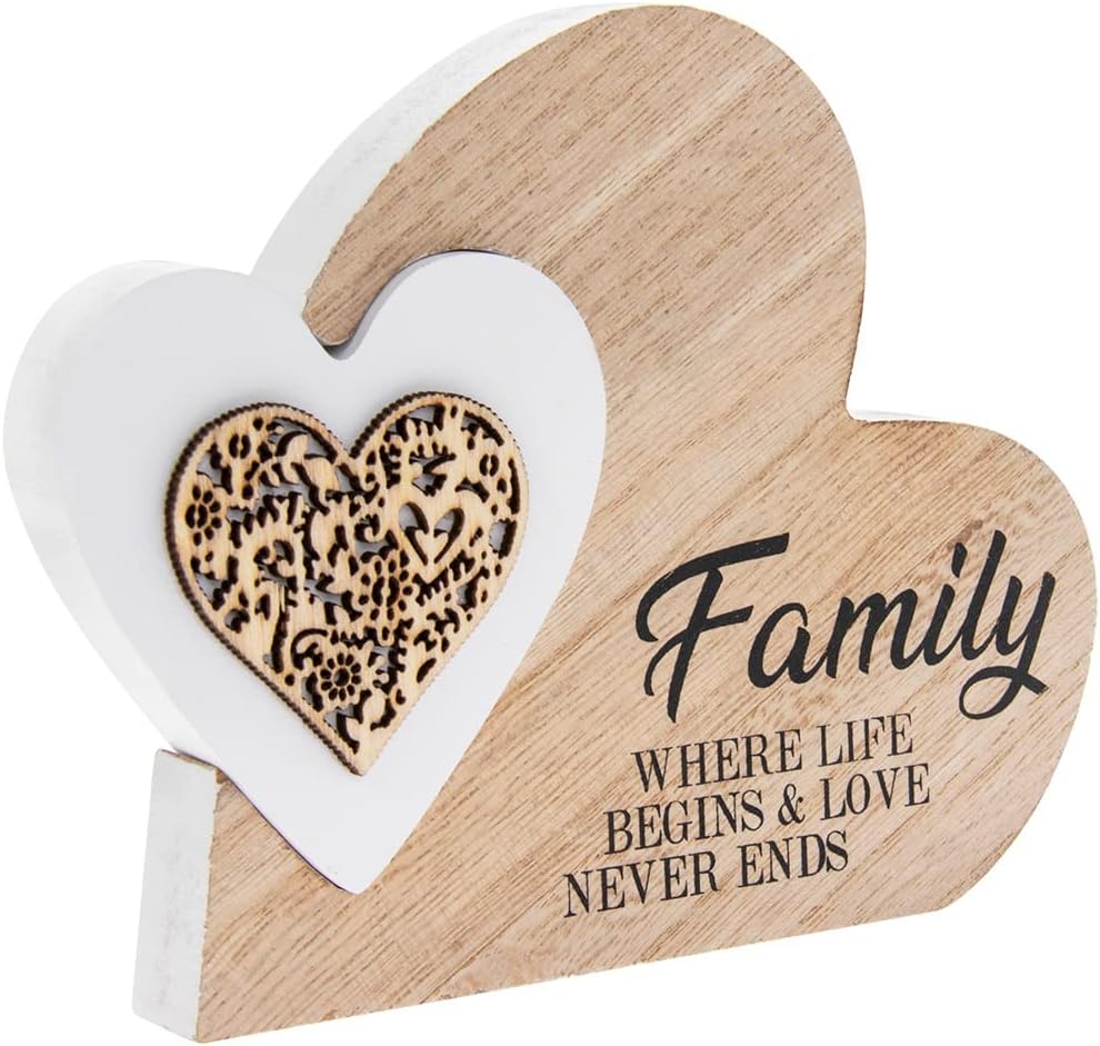 Plaque | Double Heart Family | 1 Piece - 15x2x12 cm, White, Beige