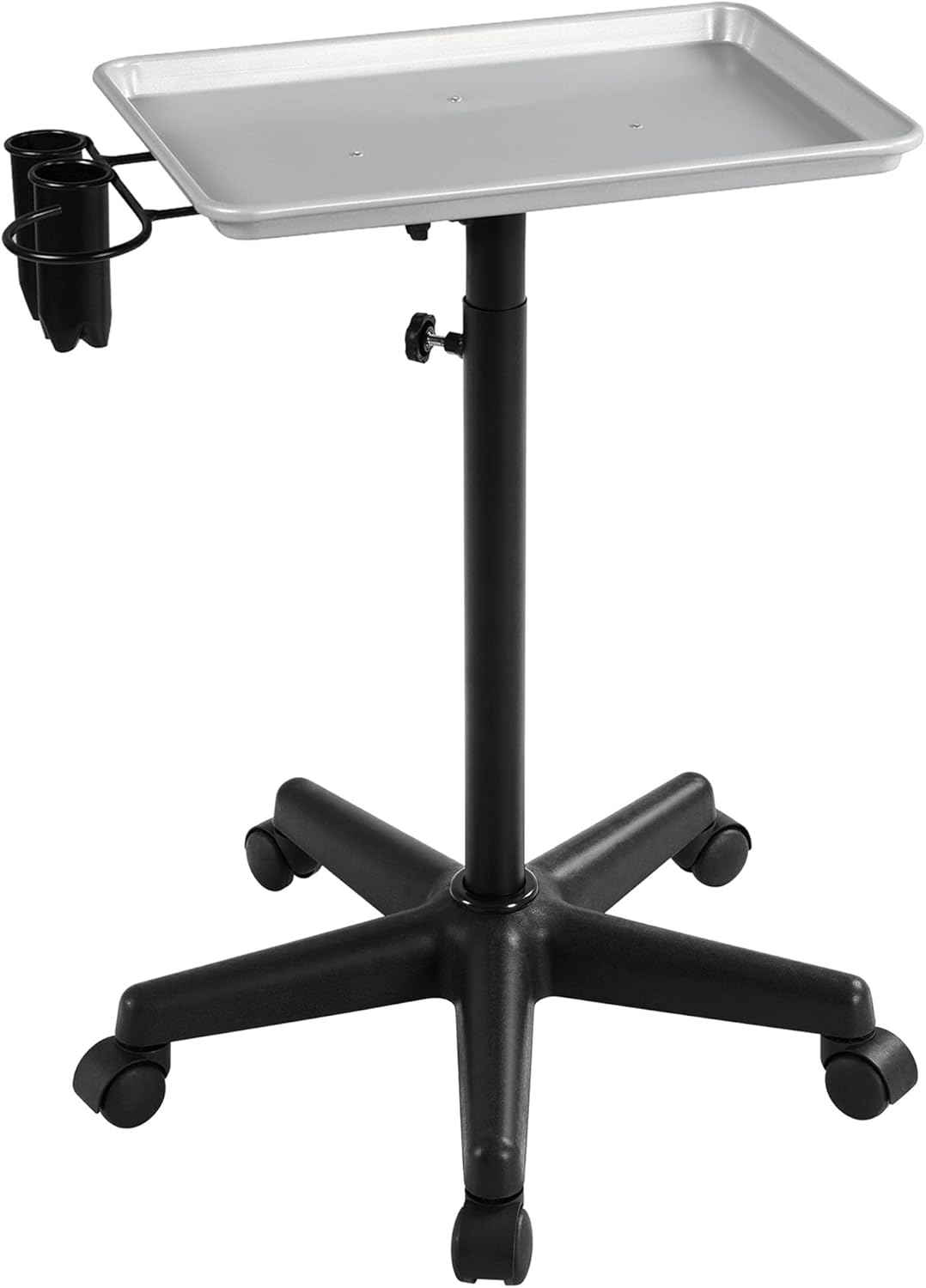 Yaheetech Rolling Salon Tray - Aluminum Trolley Cart Equipment on Wheels & Adjustable Height Mobile Beauty Salon Spa Stools Service Instrument Storage Tray w/Accessory Caddy - Silver