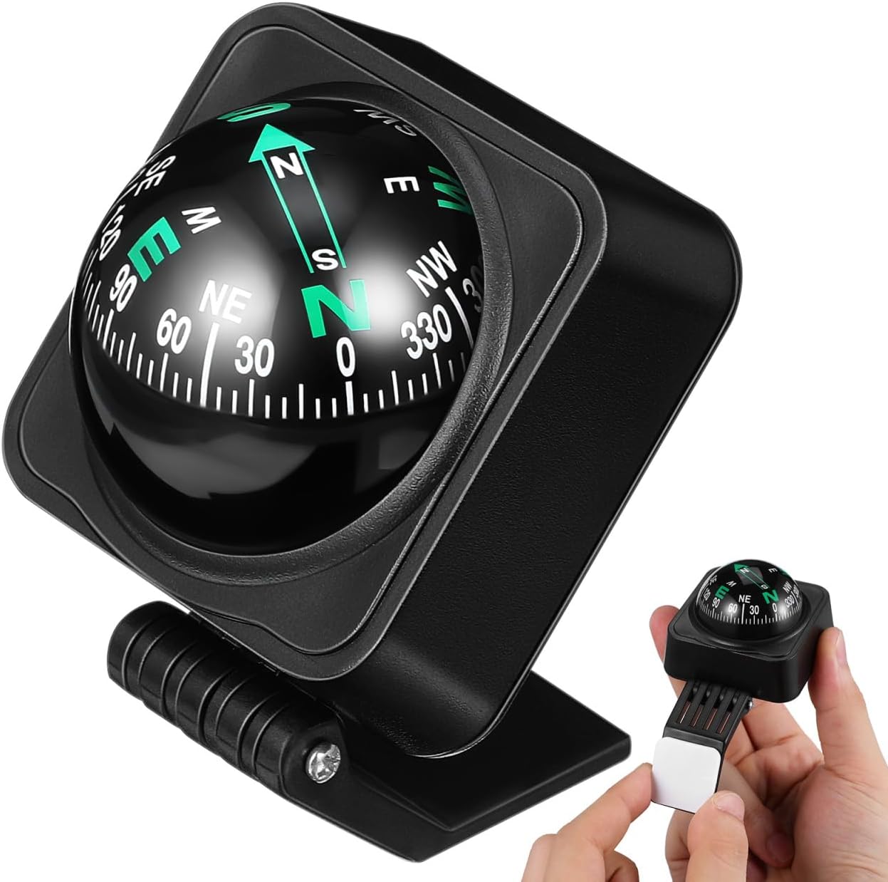 Car Compass Ball with Bottom Stick, Portable Auto Boat Compass Dashboard Ornament Guide Ball for Navigation Hiking Cycling Driving Direction Guidance, Universal for SUV, Truck, Rv, Boat