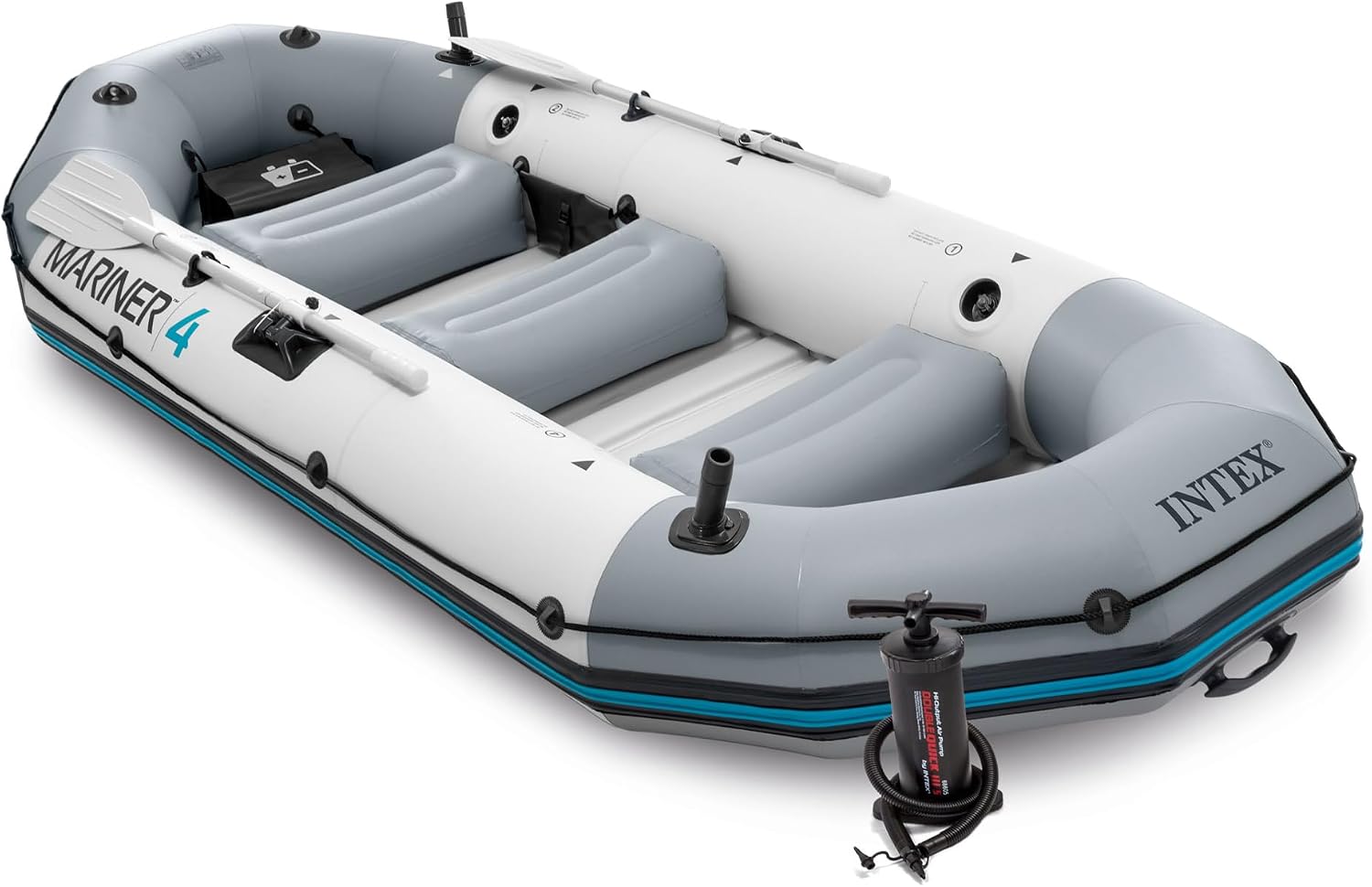 Intex Mariner Inflatable Boat Series: Includes Deluxe Boat Oars and High-Output Pump – SuperTough PVC – Wear-Resistant Keel – Removable Fishing Rod Holders – Heavy Duty Grab Handle