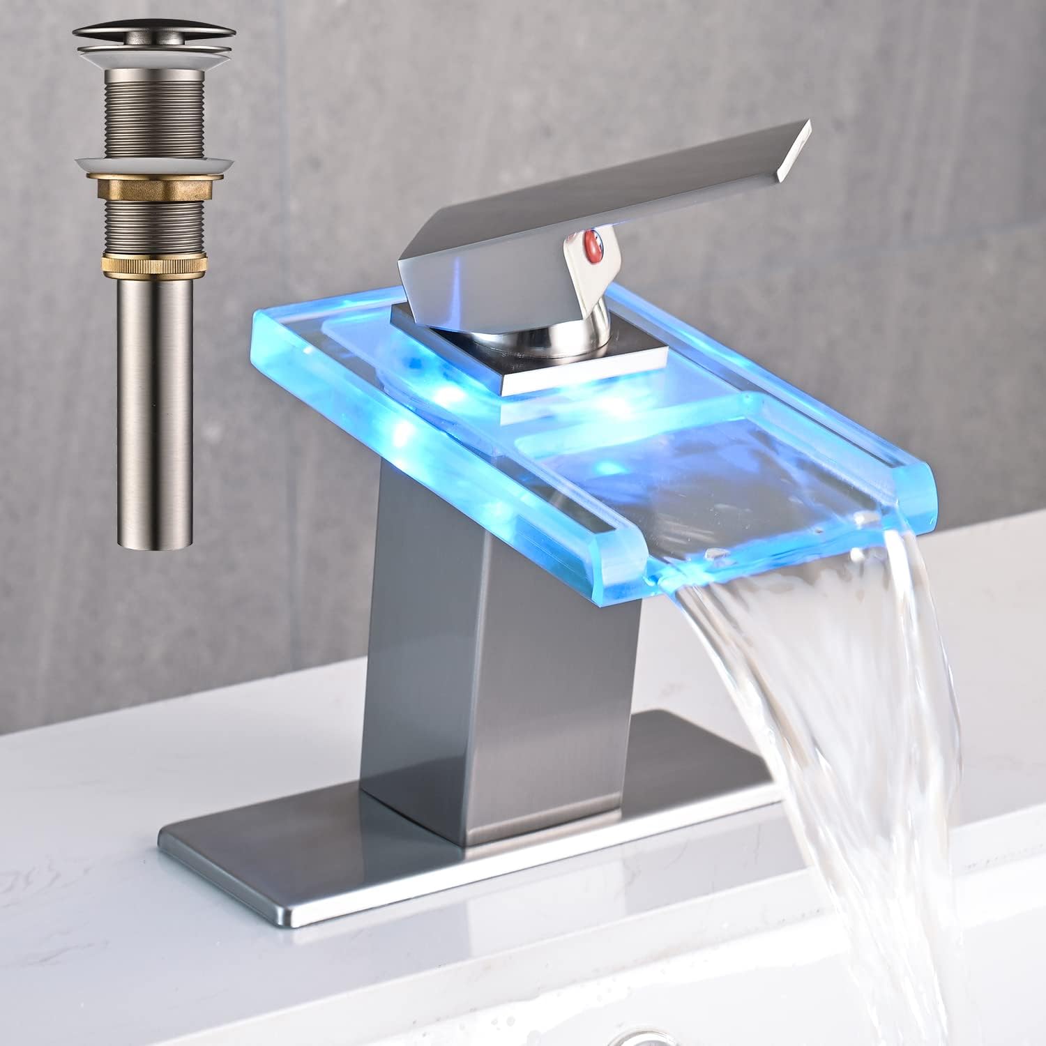 LED Bathroom Sink Faucet, Brushed Nickel Waterfall Single Hole Handle Vanity Faucets for Sinks 1 Hole with Metal Pop Up Drain and 2 Water Supply Lines, Open Glass Spout