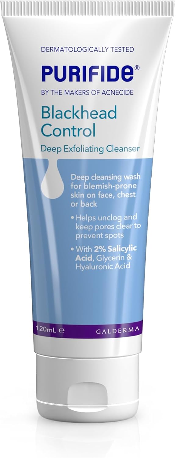 Purifide by Acnecide Blackhead Control Face Wash, Deep Exfoliating Cleanser for Acne Prone Skin 120ml, with 2% Salicylic Acid and Hyaluronic Acid