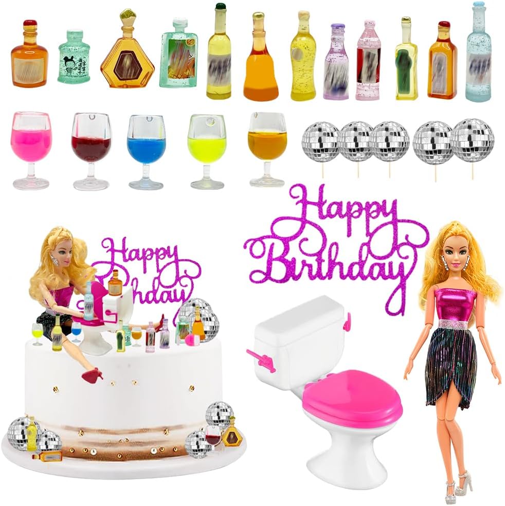 25 PCS Mini Wine Bottles Cake Toppers,With 12 Mini Wine Bottles and 5 Mini Wine Glasses,1 Mini Toilets and 1 Doll for Bachelorette Party Dollhouse Deco Birthday Cake Decorations