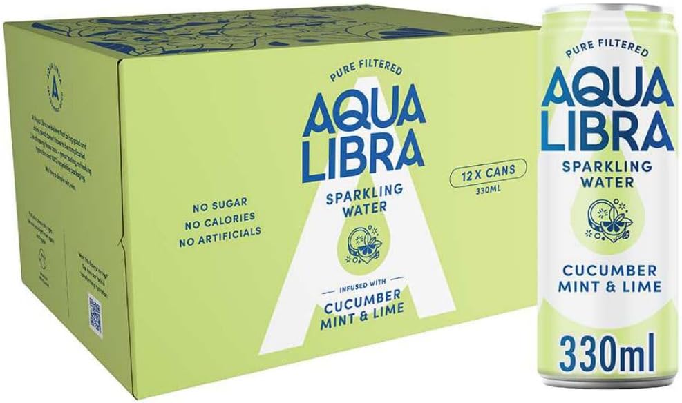 AQUA LIBRA Cucumber, Mint & Lime 330ML, Pack of 12 | Cucumber Mint & Lime sparkling water with NO sugar, NO sweeteners and NO artificial flavours