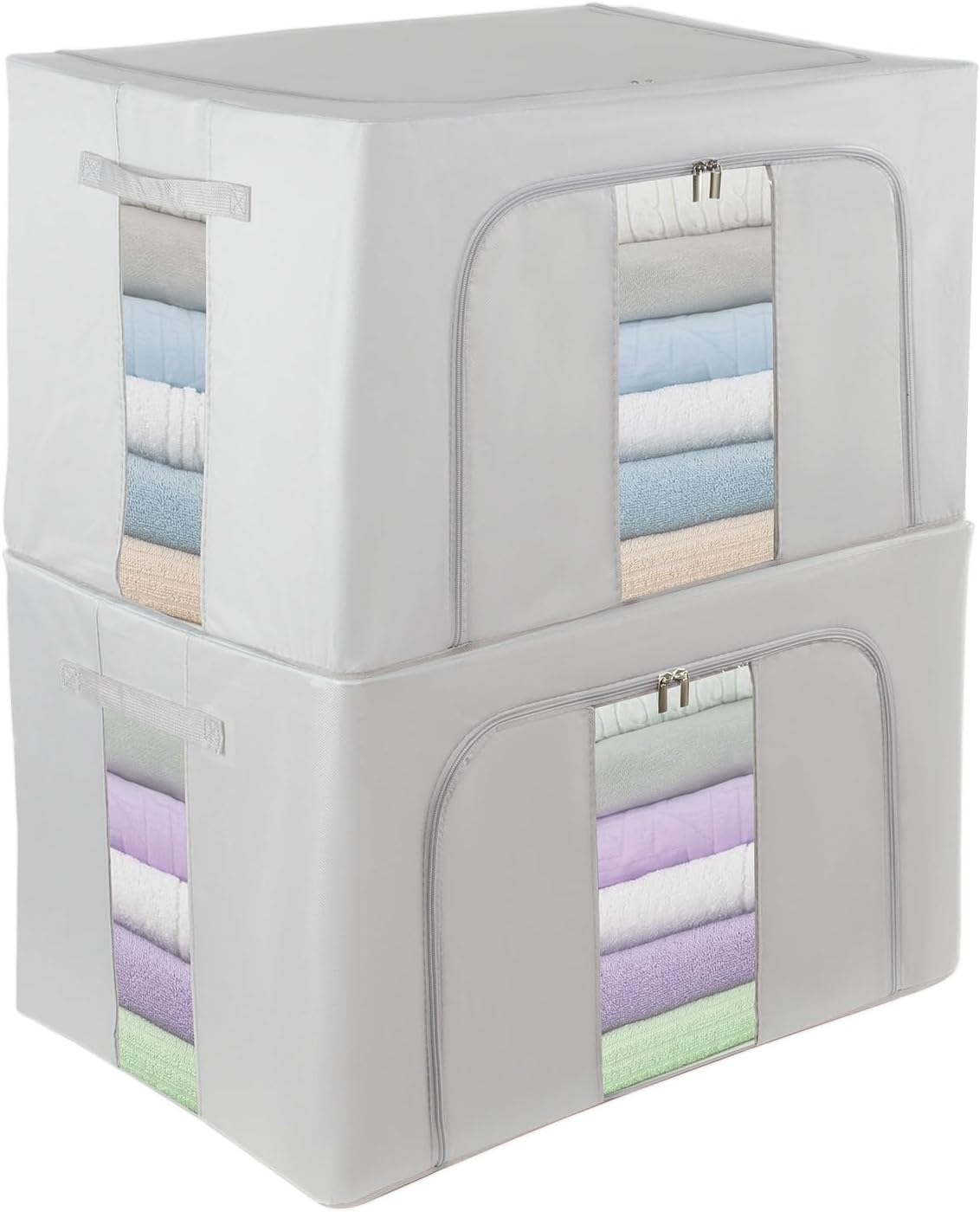 2 Pack Closet Organizers and Storage, Foldable Oxford Steel Frame Storage Box with Clear Window & Carry Handles, Stackable Storage Bins Boxes for Clothes & Beddings & Blankets-Light grey 100L