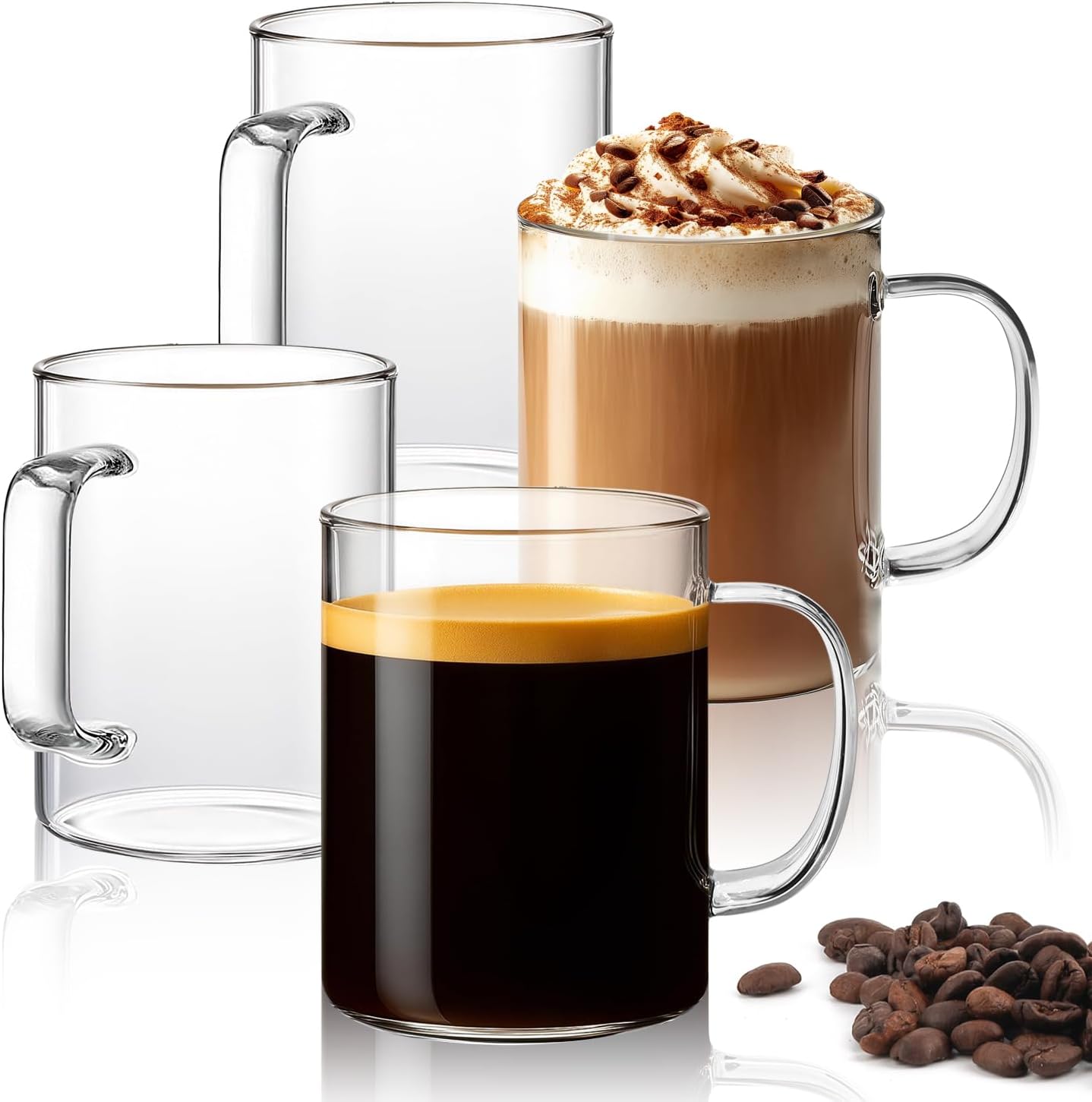 ComSaf 400ml Glass Coffee Mugs Set of 4, Clear Glass Coffee Cup with Big Handle, Large Borosilicate Glass Mug for Tea Milk or Hot Cold Beverages, Crystal Drinking Glass for Birthday