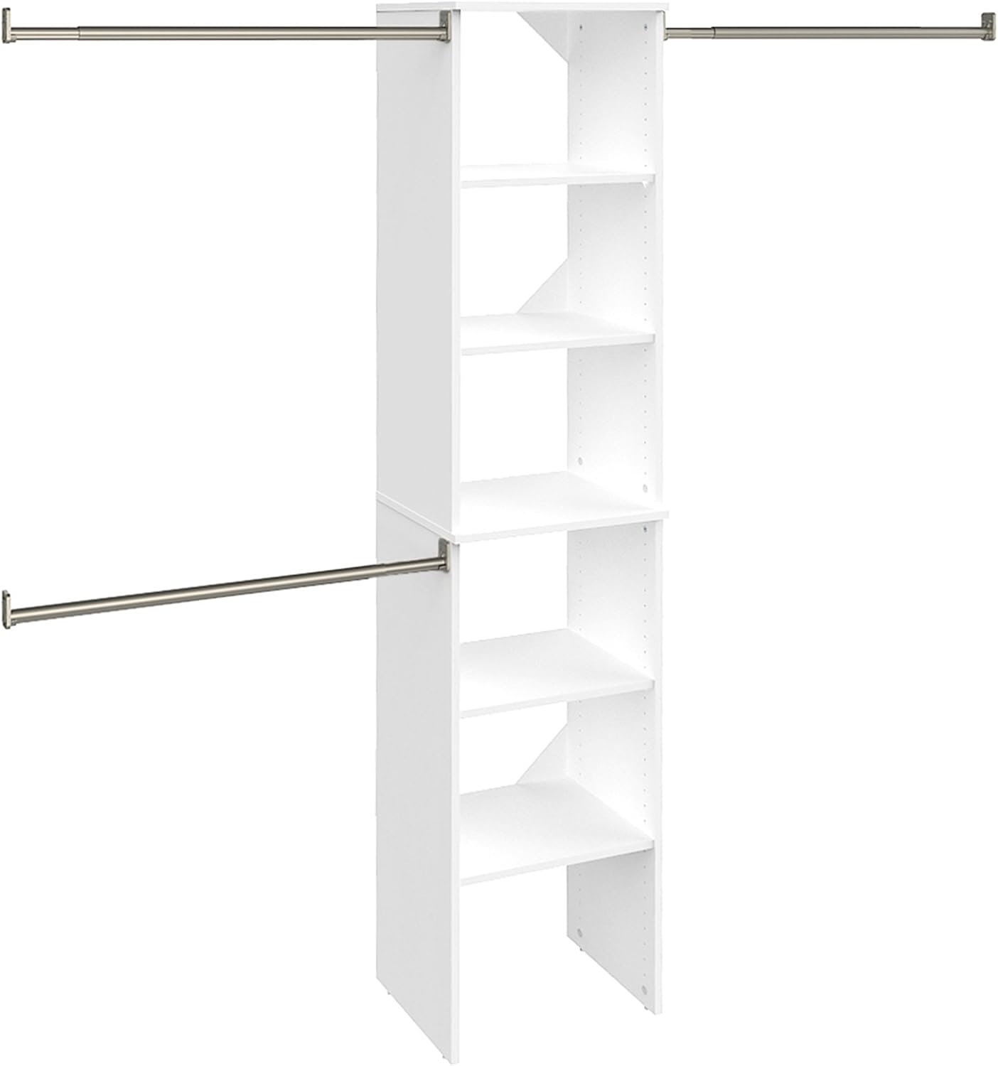 ClosetMaid SuiteSymphony Wood Closet Organizer Starter Kit with Tower and 3 Hang Rods, Shelves, Adjustable, Fits Spaces 4 – 9 ft. Wide, Engineered Wood, Pure White, 16"