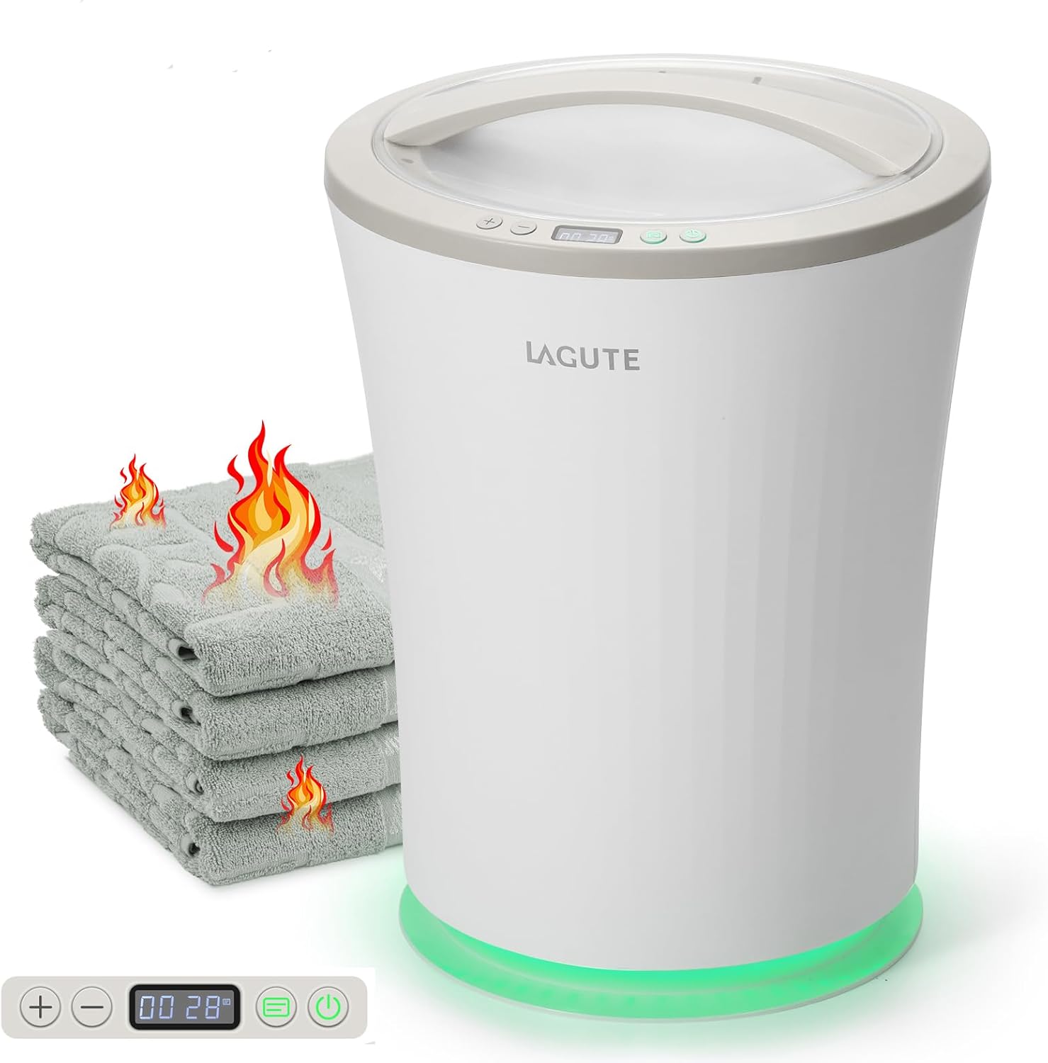 Lagute Towel Warmers Bucket for Bathroom with Timer 24 Hours Delay Time, Hot Towel Heater with Warning Alarm RGB Light, Greige