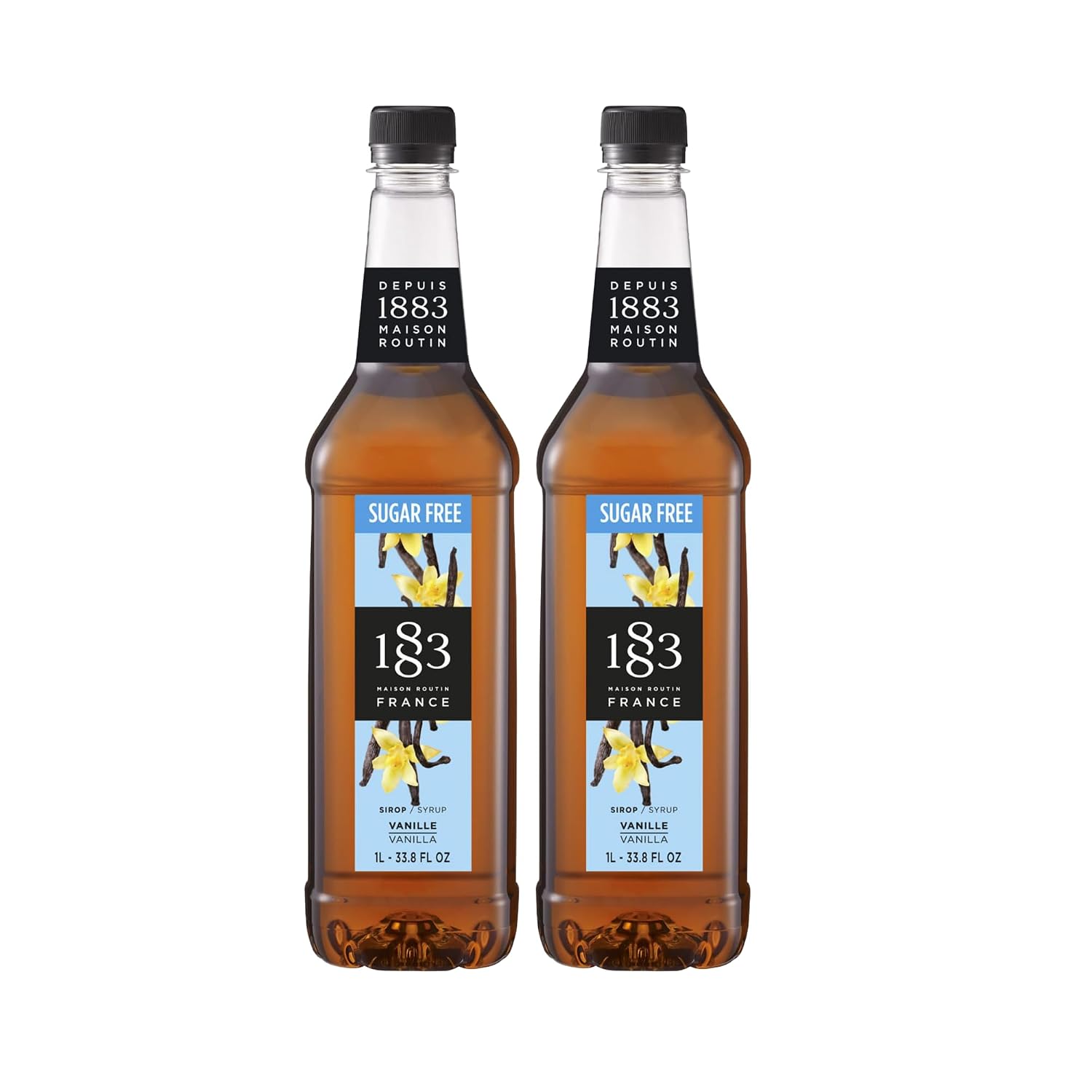 1883 Maison Routin Sugar Free Vanilla Syrup, Made in France, Intense Bourbon Vanilla Flavor, Non-GMO, Vegan, Kosher, Gluten-Free, 2 Count of 1 Liter Bottles
