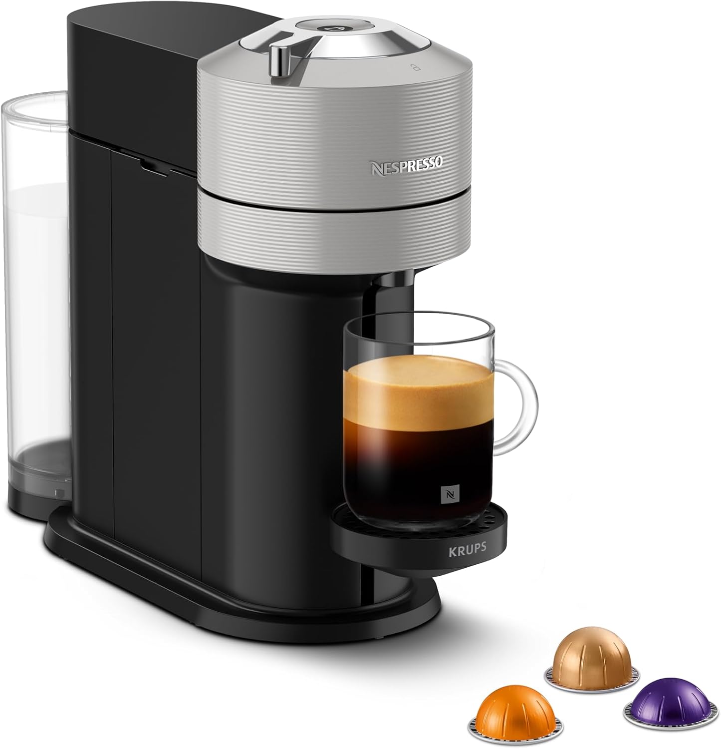 Nespresso Vertuo Next Automatic Pod coffee machine for Americano, Decaf, Espresso by Krups in Grey