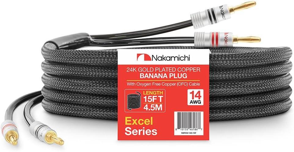 Nakamichi Excel Series 24k Gold Plated Banana Plugs With Speaker Cable Wire 99.9% Oxygen-Free Copper (OFC) Heavy Duty Braided for Amplifier Hi-Fi Home Theatre - Black (14AWG / 15 feet / 4.5m)