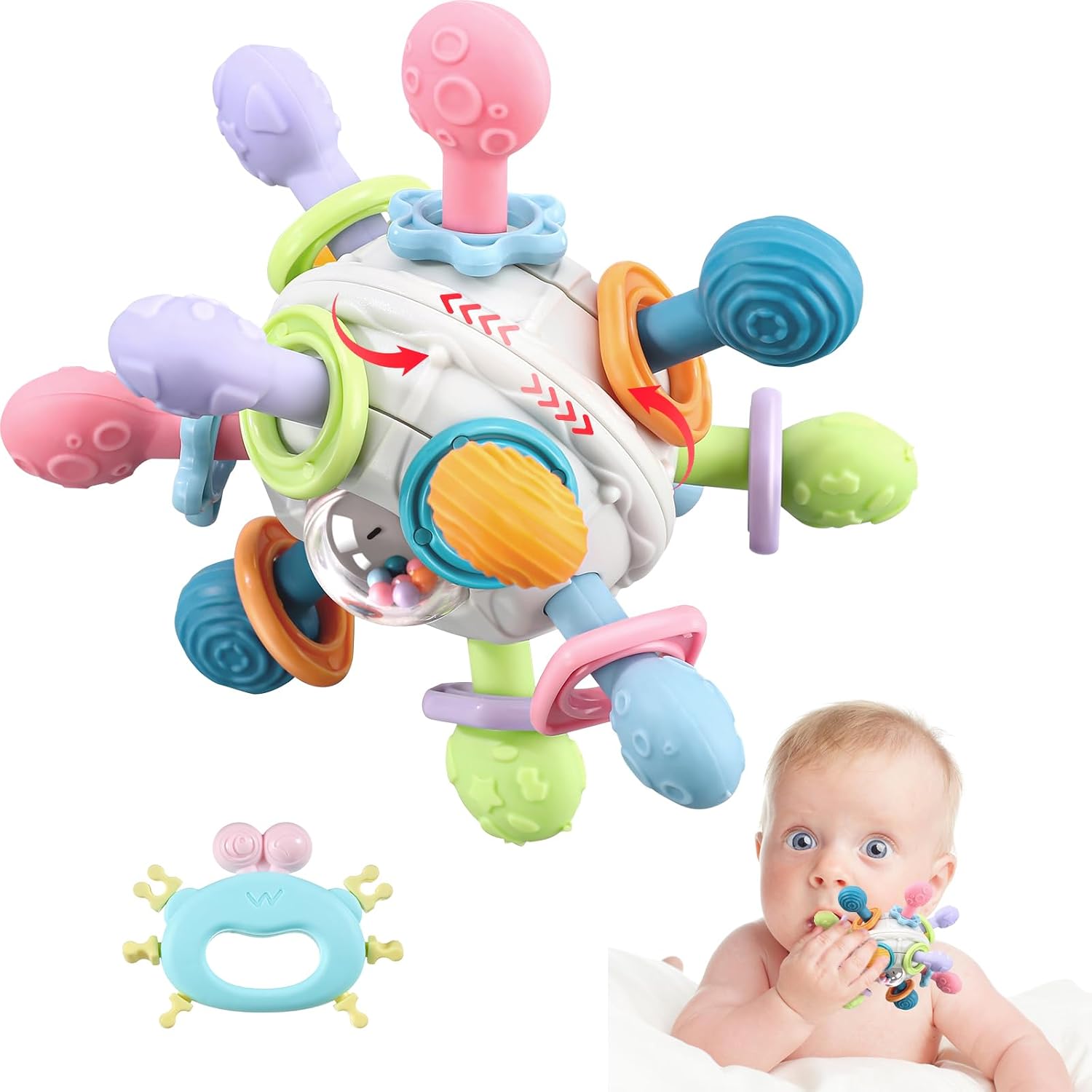 Grabbing Ball Baby Toy,Sensory Teething Teether Toys,Silicone Teething Ring, Motor Skills Toy, Montessori Early Educational Toy, Baby Rattle, Baby Toys for Babies 3-18 Months