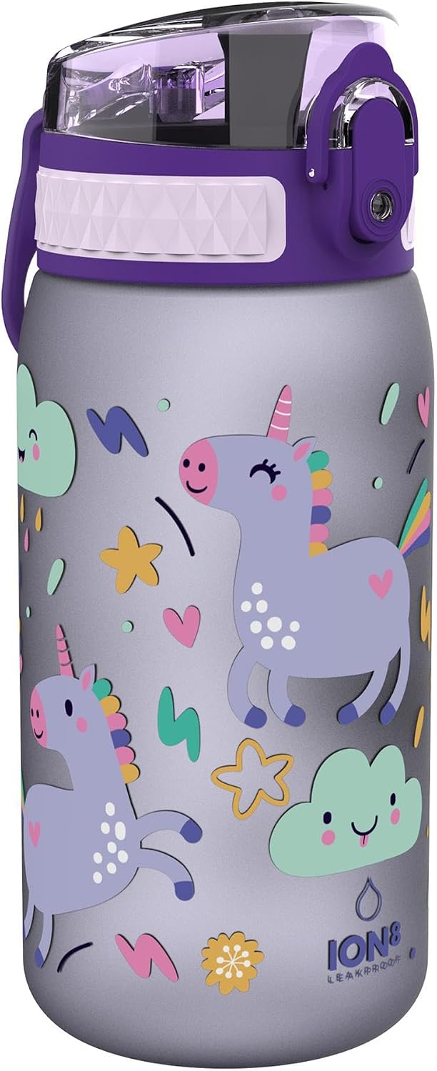 Ion8 Leak-Proof Kids Water Bottle, 350ml/12oz, Purple Unicorn - BPA-Free Odor Resistant Recyclon Polymer with One-Touch Flip Lid, Carry Loop, No Straw - Dishwasher Safe, Cupholder/Backpack Friendly