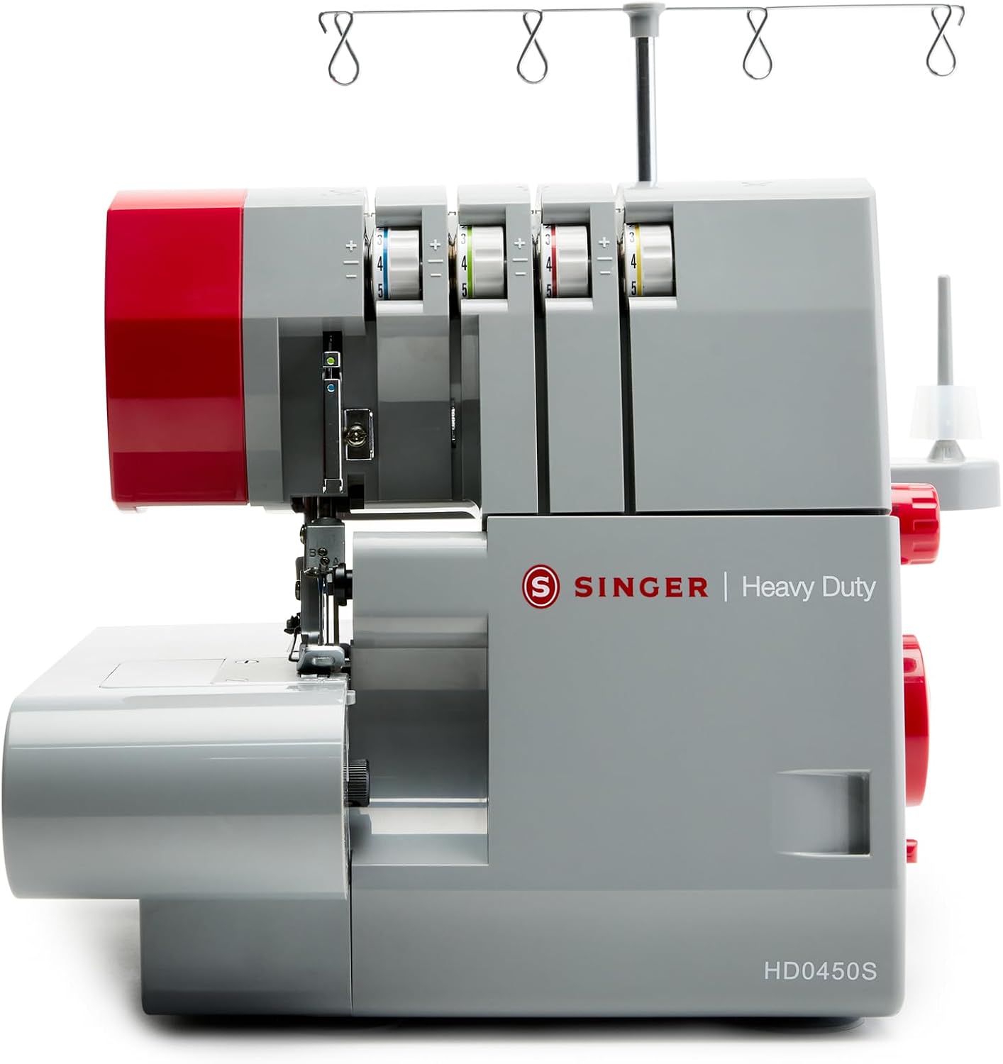 SINGER® HD0450S Heavy Duty Serger Overlock Machine, 2-3-4 Thread Capability | Accessories, 8 stitches, color coded threading, 1300 stitches/min, 60% larger cutting knife, differential feed, metal frame