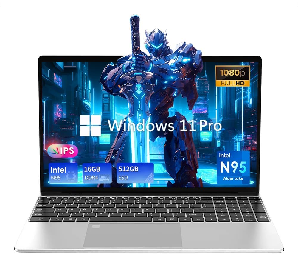 15.6" Laptop Computer, 16GB RAM, 512GB SSD, FHD 1920x1080, Quad-Core Intel 12th Gen N95 Processor, Traditional Laptops, Backlit Keyboard,HD Camera, Fingerprint Reader Unlock Silver