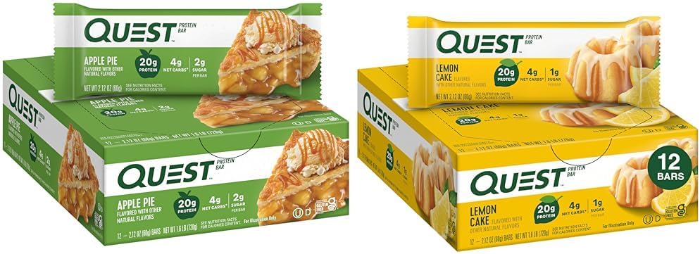 Quest Nutrition Apple Pie Protein Bar, 20g Protein, 4g Net Carbs, 2g Sugar, Gluten Free & Lemon Cake Protein Bars, High Protein, Low Carb, Gluten Free, Keto Friendly, 12 Count
