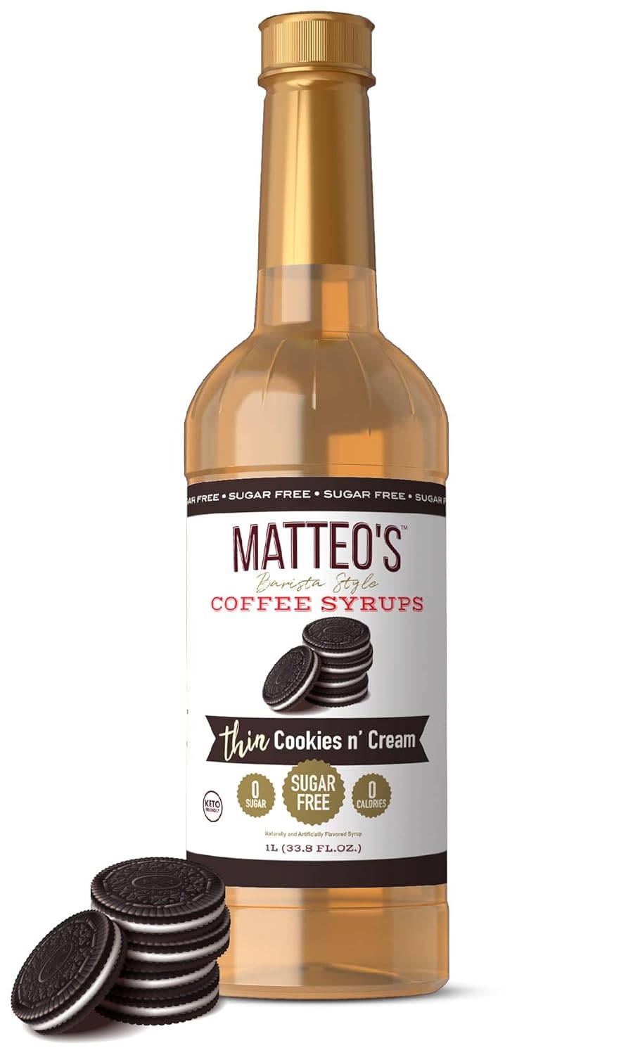 Matteo's Barista Style Sugar-Free Coffee Syrup, Cookies and Cream Flavor, Zero Calories and Sugar, Keto Friendly, Ideal for Lattes, Cappuccinos, Espresso, Americano, Indulgent Taste 33.8 Oz, 1-Pack