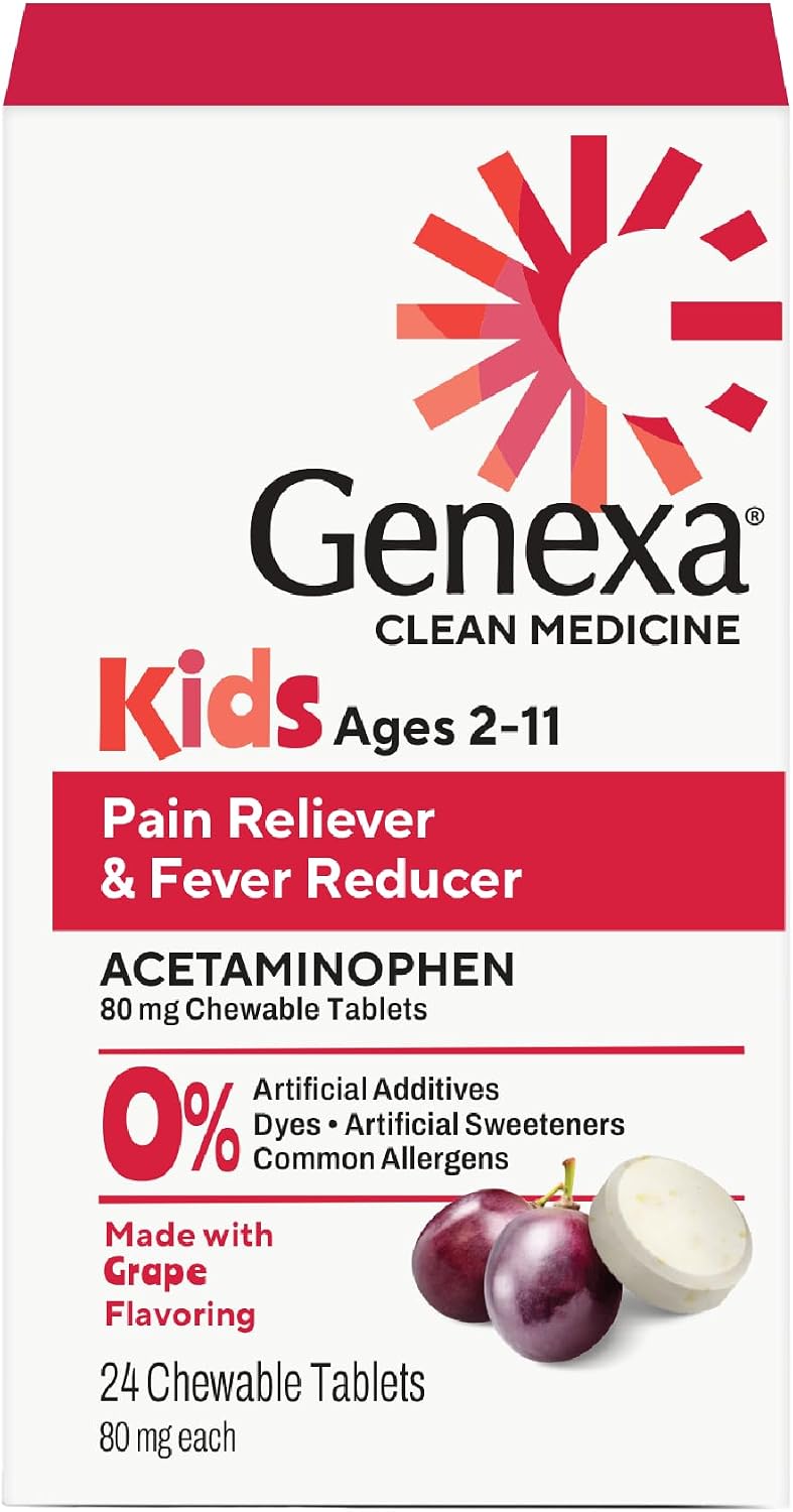 Genexa Kids’ Pain and Fever Reducer | Childrens Acetaminophen, Dye Free, Chewable Tablets for Kids 2-11 | Delicious Organic Grape Flavor | 80 mg | 24 Count