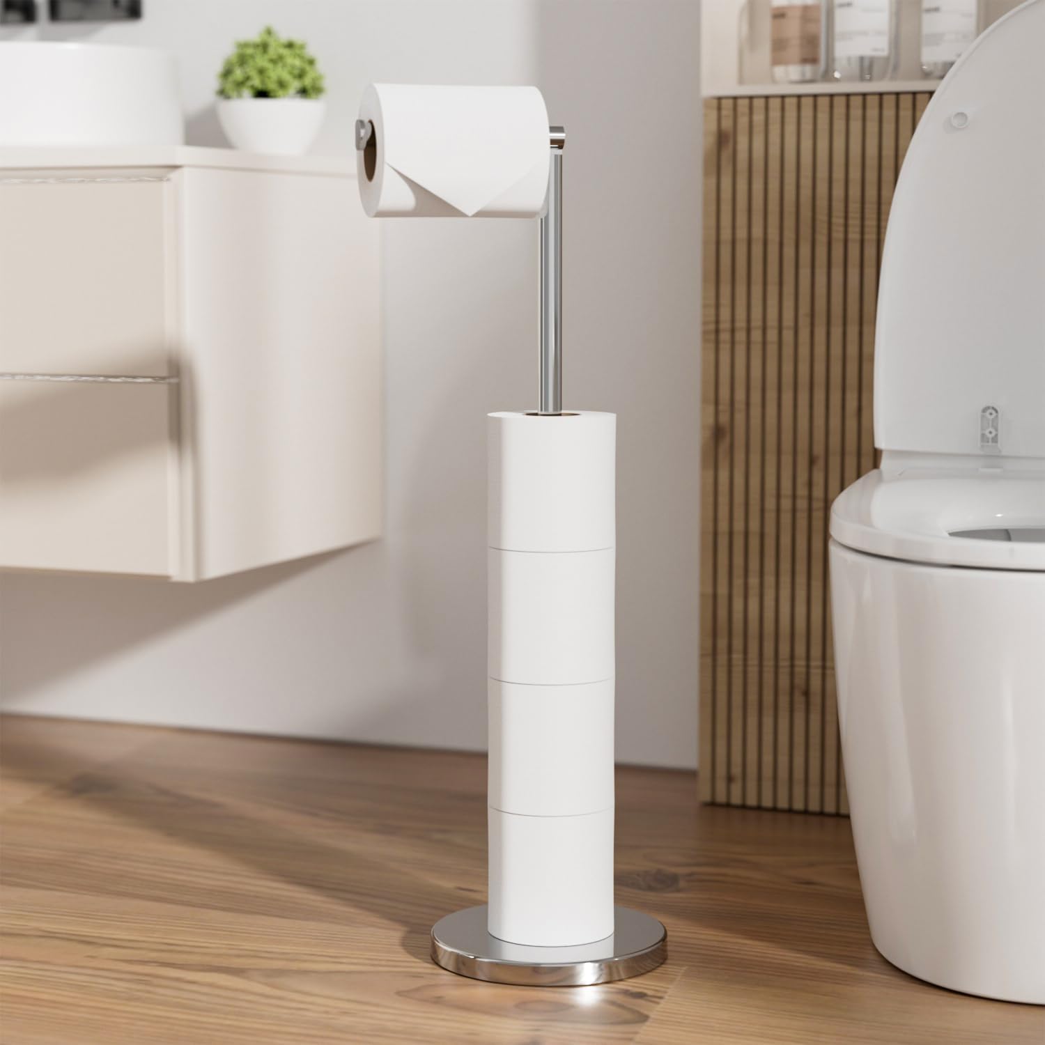 HITSLAM Chrome Free Standing Toilet Roll Holder with Heavy Duty Base, SUS304 Stainless Steel Freestanding Toilet Paper Holder with Reserve, Toilet Roll Storage Stand for Bathroom