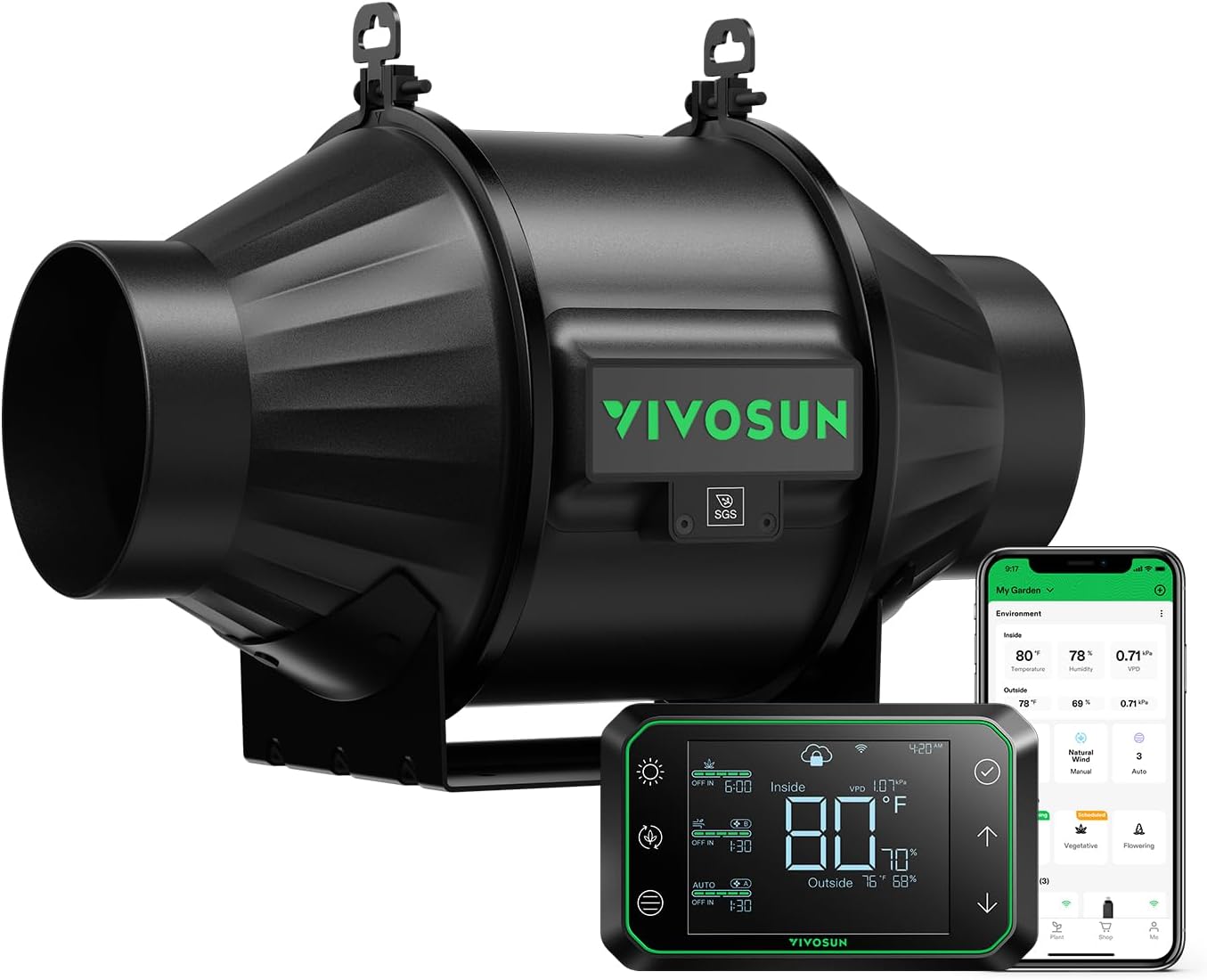 VIVOSUN Inline Duct Fan 100 mm Quiet Extractor Fan 357 m³/h with EC Motor and GrowHub E42A WLAN Controller AeroZesh T4 Fan for Grow Tents and Hydroponics