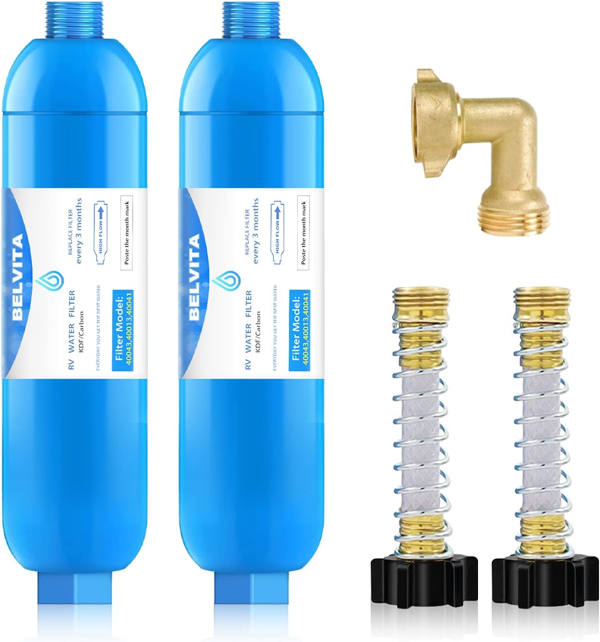 BELVITA RV Inline Water Filter with Solid Brass 90 Degree Hose Elbow, Eliminates Stress and Strain On RV Water Intake Hose Fittings(2 Pack)